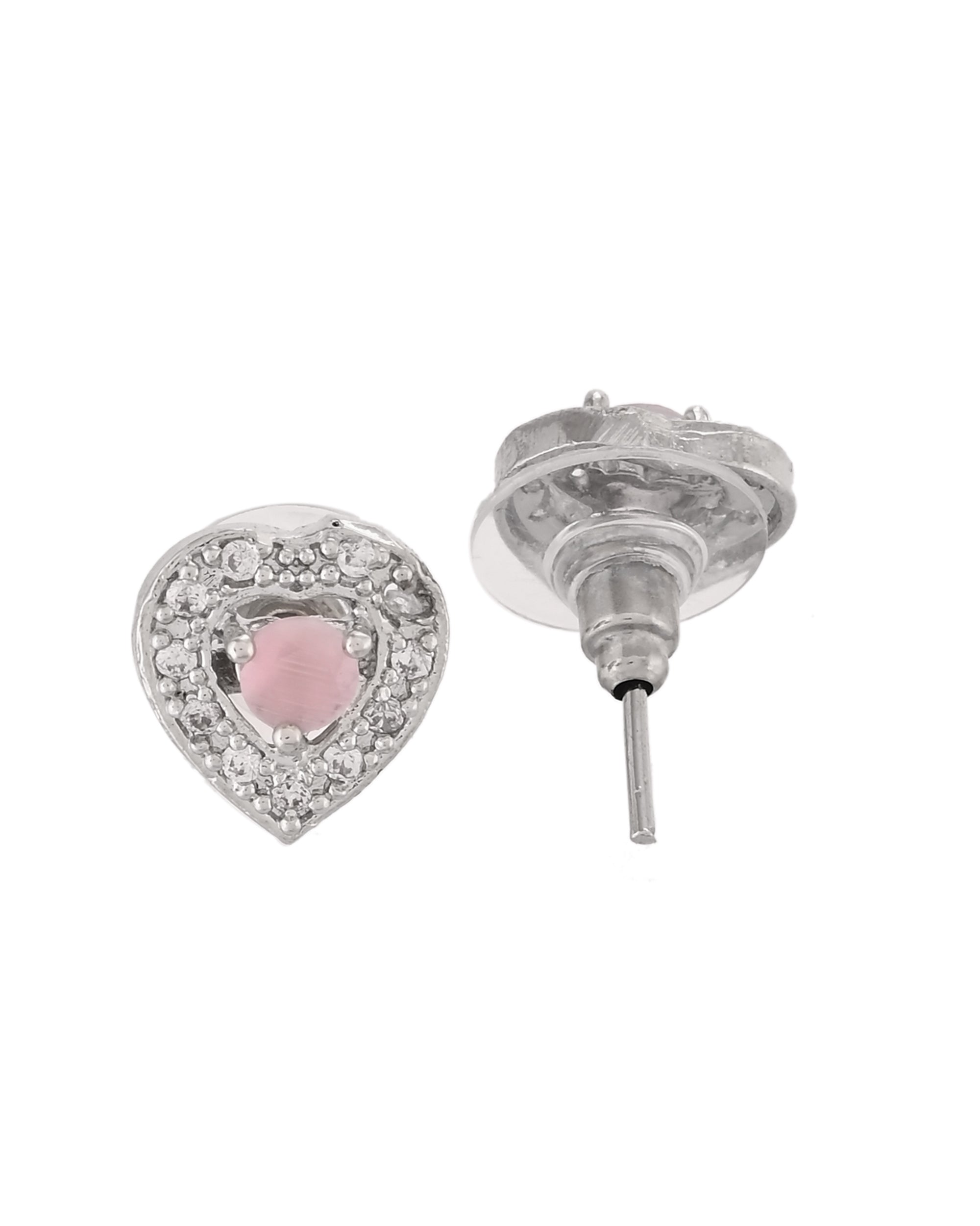 VOJ Silver Plated Baby Pink Stone Studded Heart Shaped Chain Set
