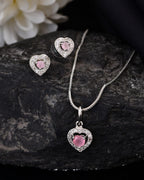 VOJ Silver Plated Baby Pink Stone Studded Heart Shaped Chain Set