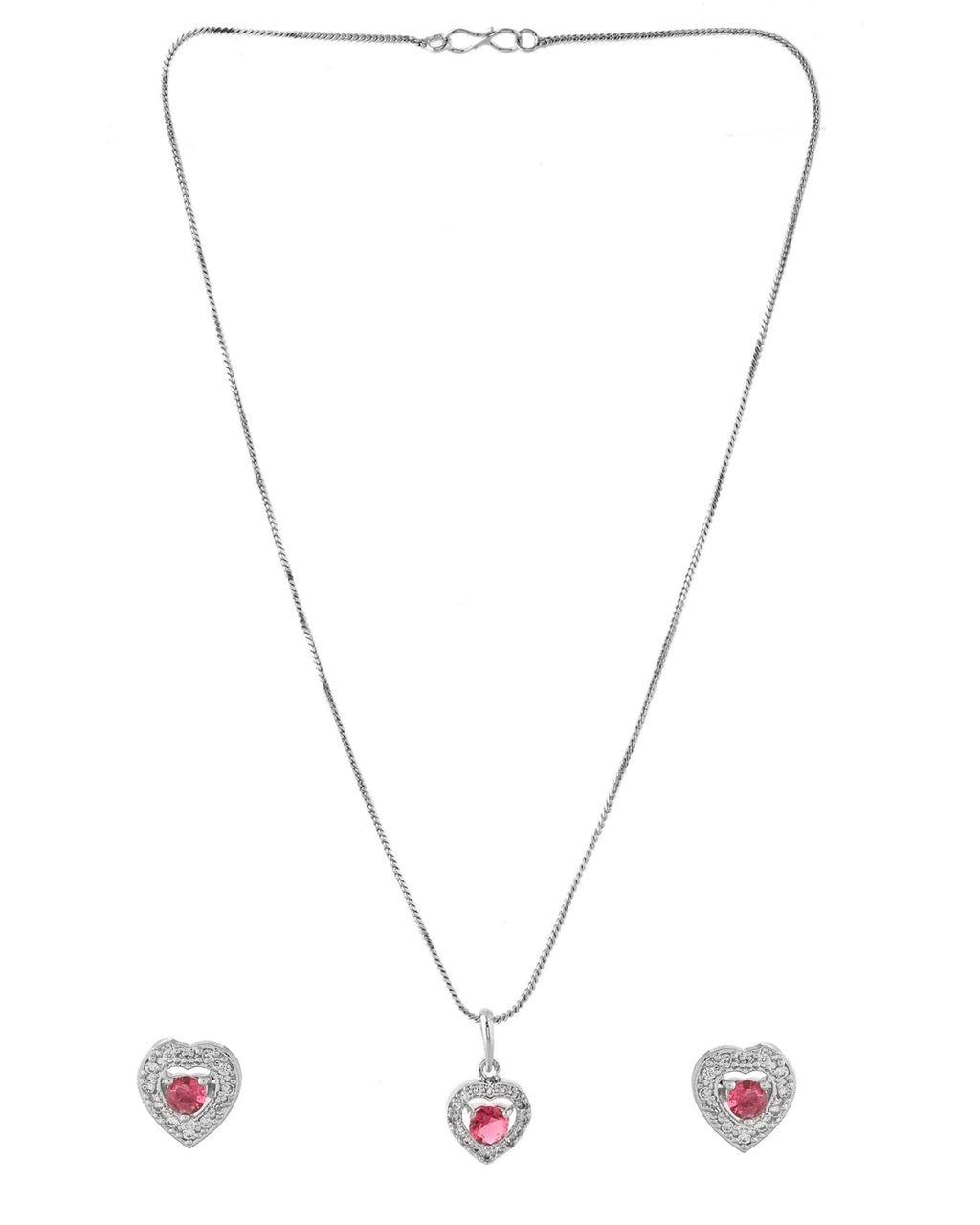 VOJ Silver Plated Pink Stone Studded Heart Shaped Chain Set