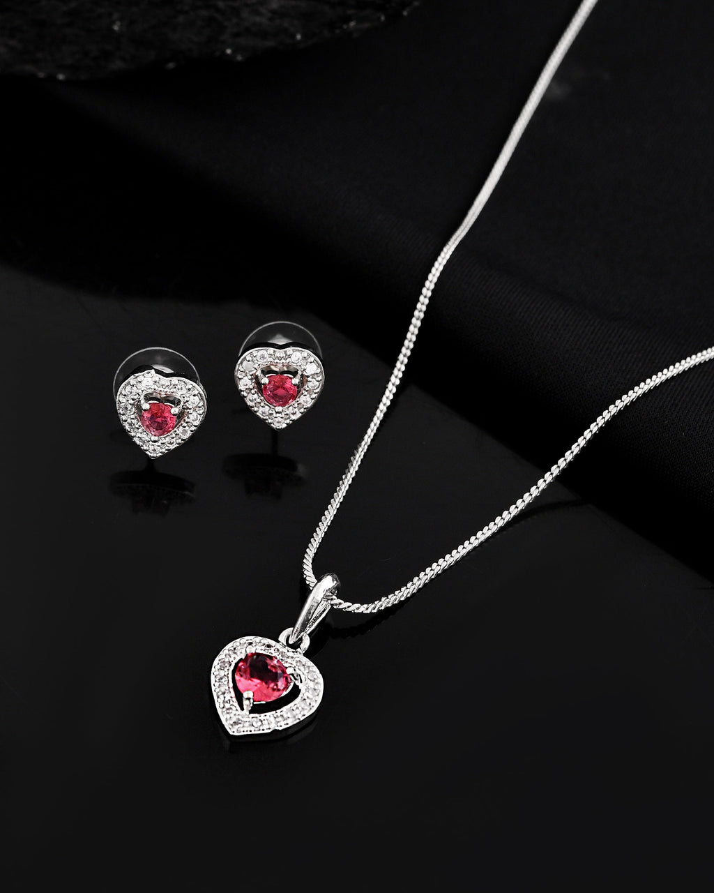 VOJ Silver Plated Pink Stone Studded Heart Shaped Chain Set