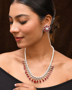 VOJ Silver Plated CZ And Pearl Studded Handcrafted Necklace With Earrings Set