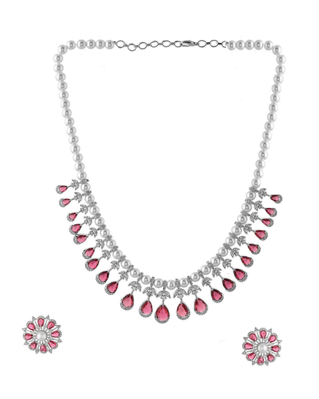 VOJ Silver Plated CZ And Pearl Studded Handcrafted Necklace With Earrings Set