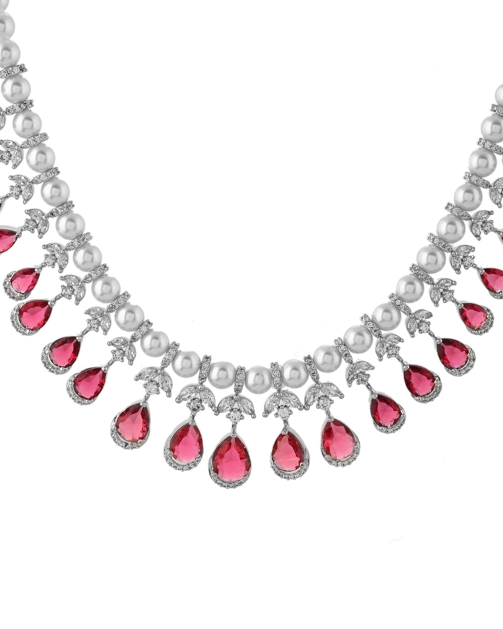 VOJ Silver Plated CZ And Pearl Studded Handcrafted Necklace With Earrings Set