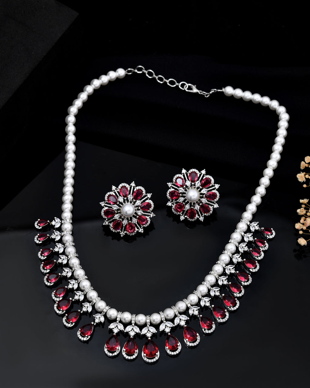 VOJ Silver Plated CZ And Pearl Studded Handcrafted Necklace With Earrings Set