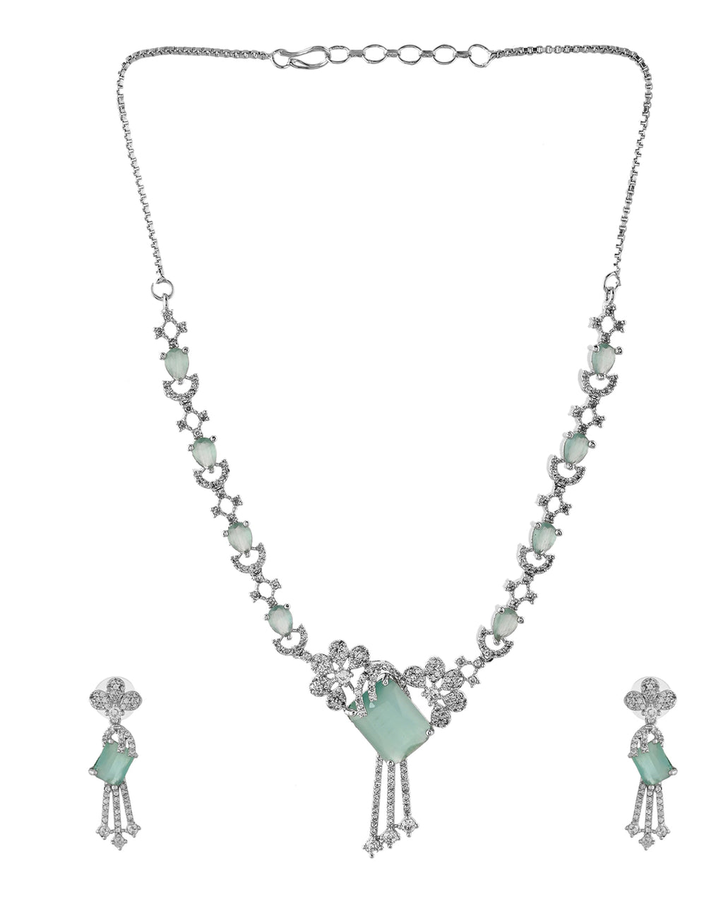 VOJ Silver Plated CZ Stone Studded Designer Necklace With Earrings Set