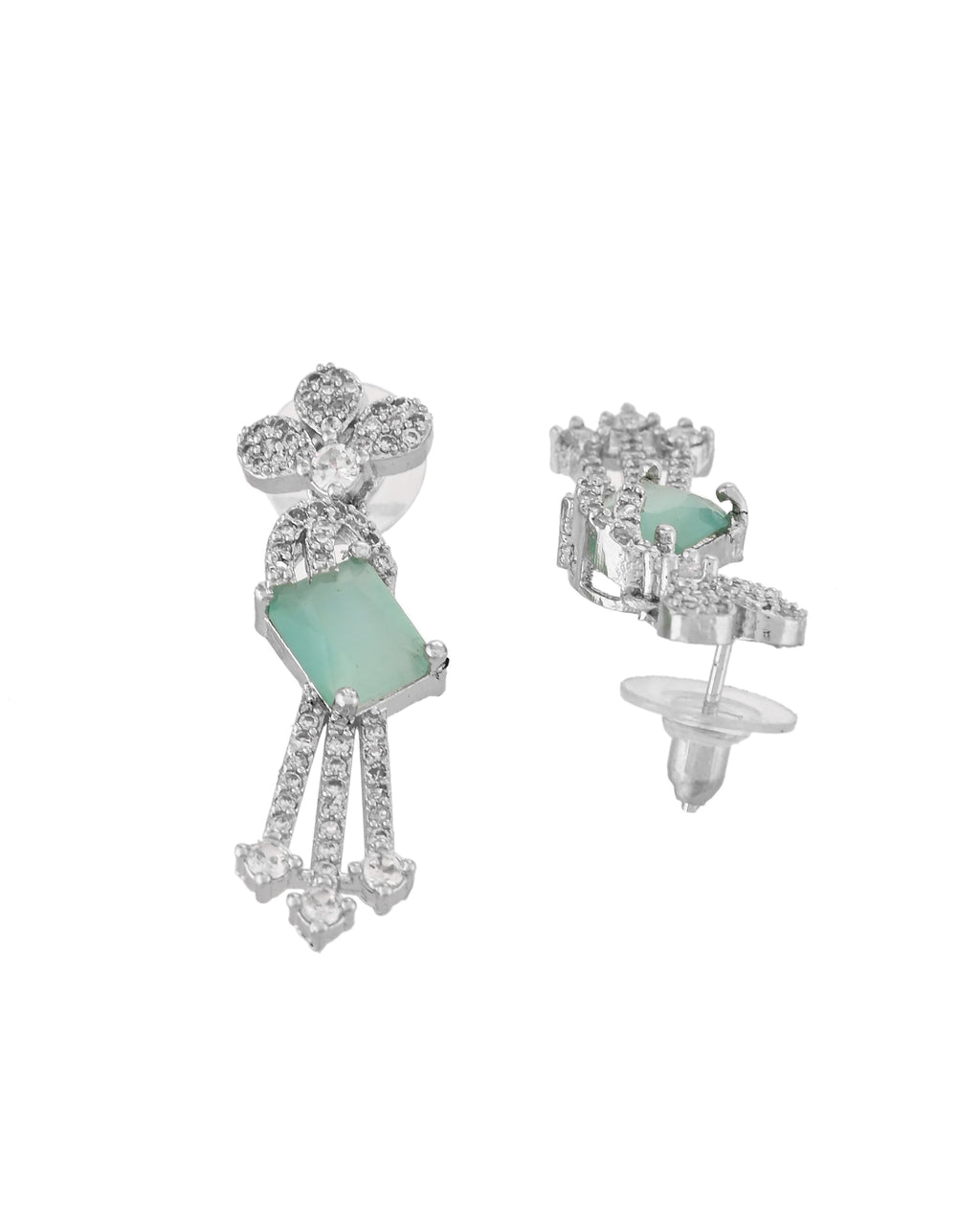 VOJ Silver Plated CZ Stone Studded Designer Necklace With Earrings Set