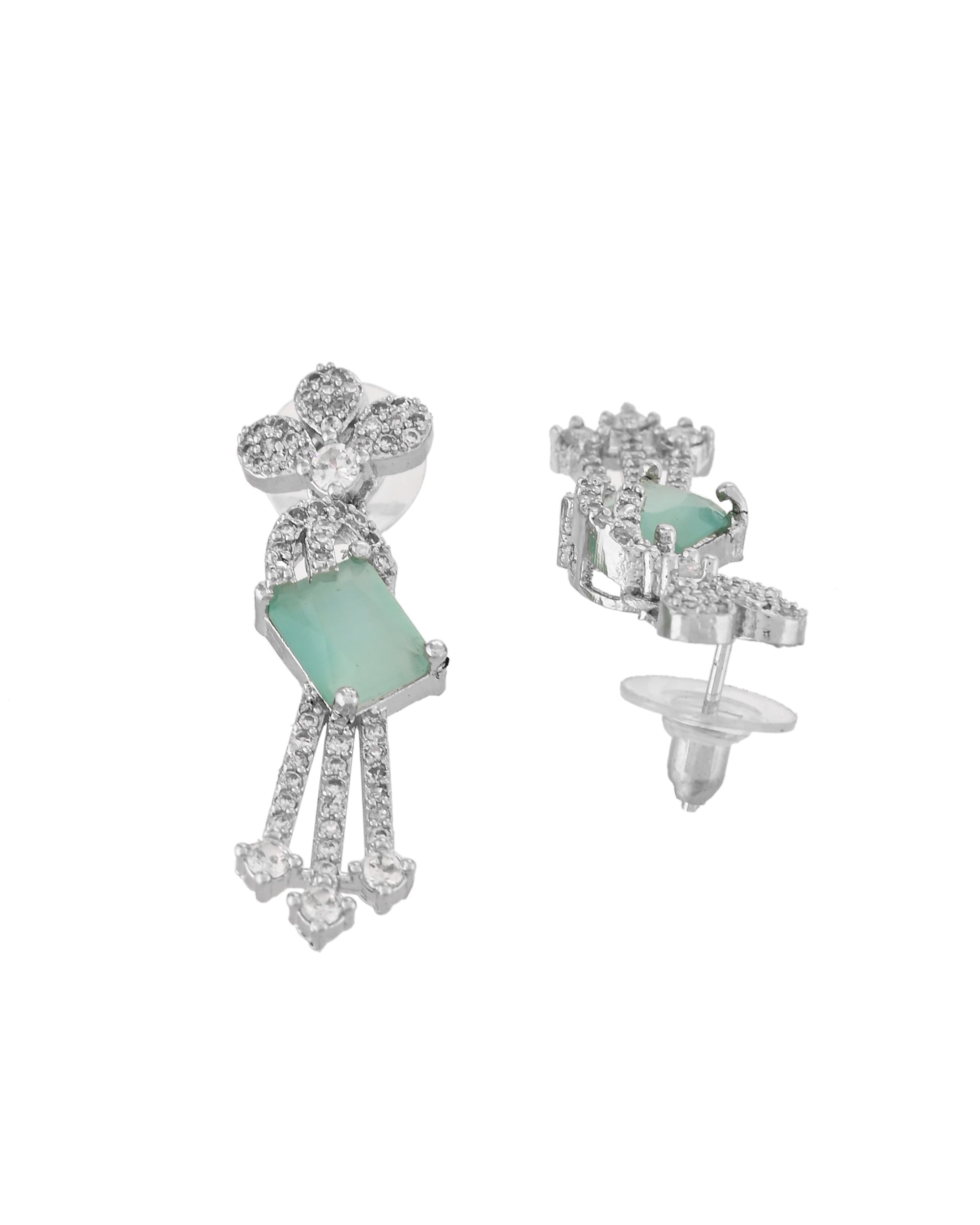 VOJ Silver Plated CZ Stone Studded Designer Necklace With Earrings Set