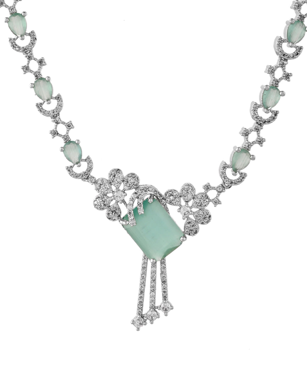 VOJ Silver Plated CZ Stone Studded Designer Necklace With Earrings Set