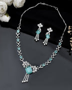 VOJ Silver Plated CZ Stone Studded Designer Necklace With Earrings Set