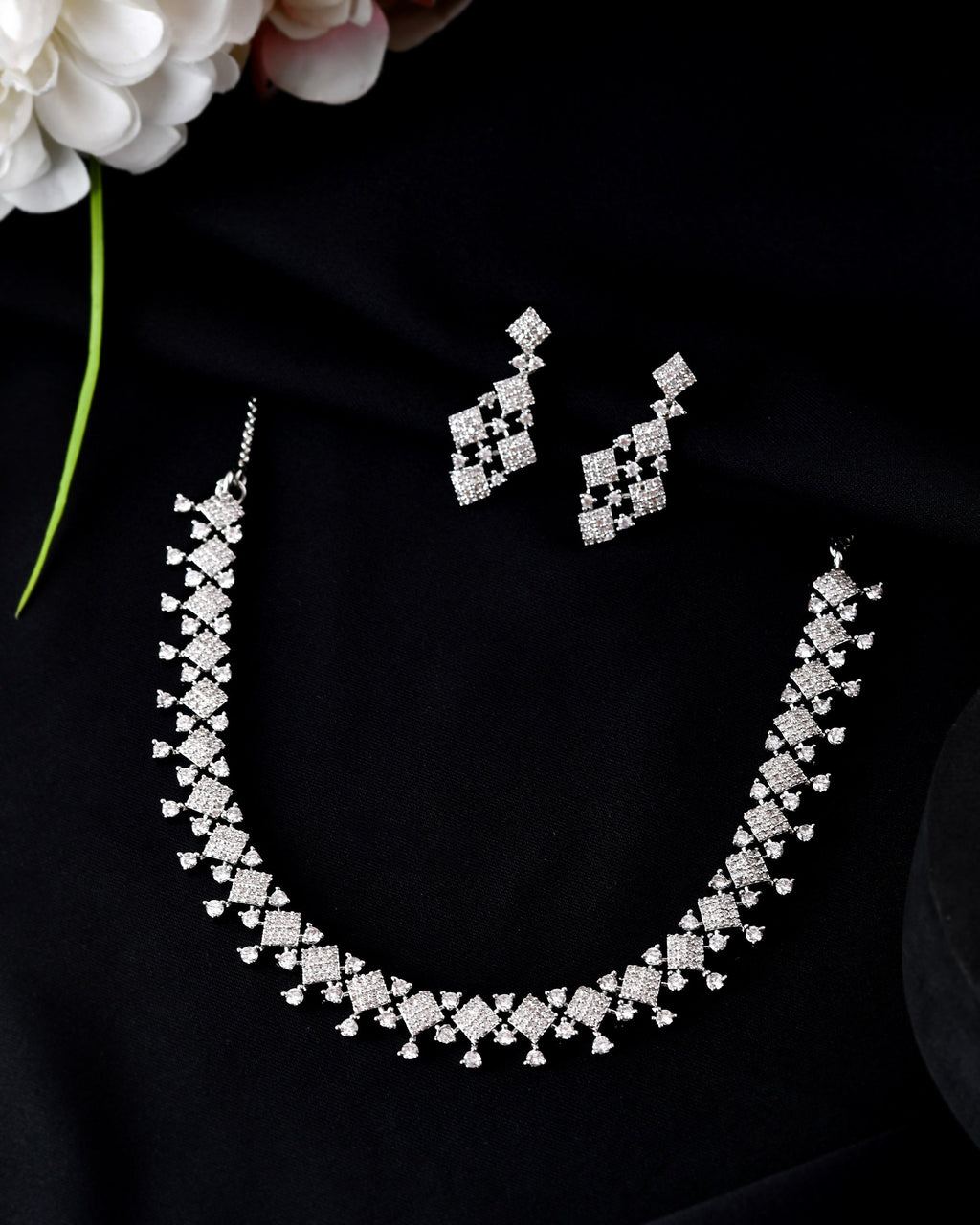 VOJ Silver Plated AD Stone Studded Hand Crafted Jewellery Set