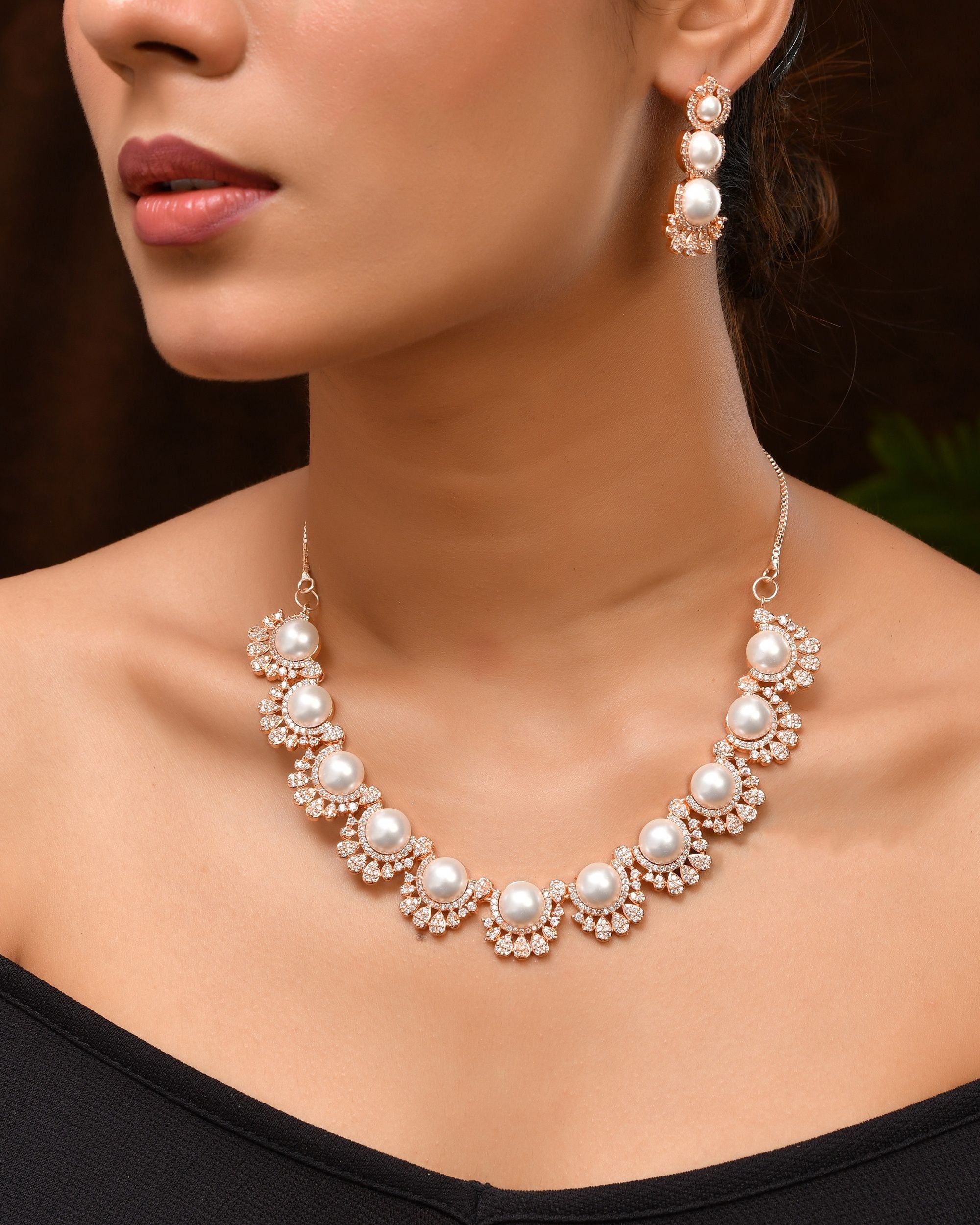 VOJ Rose-Gold Polished AD And Pearl Studded Jewellery Set