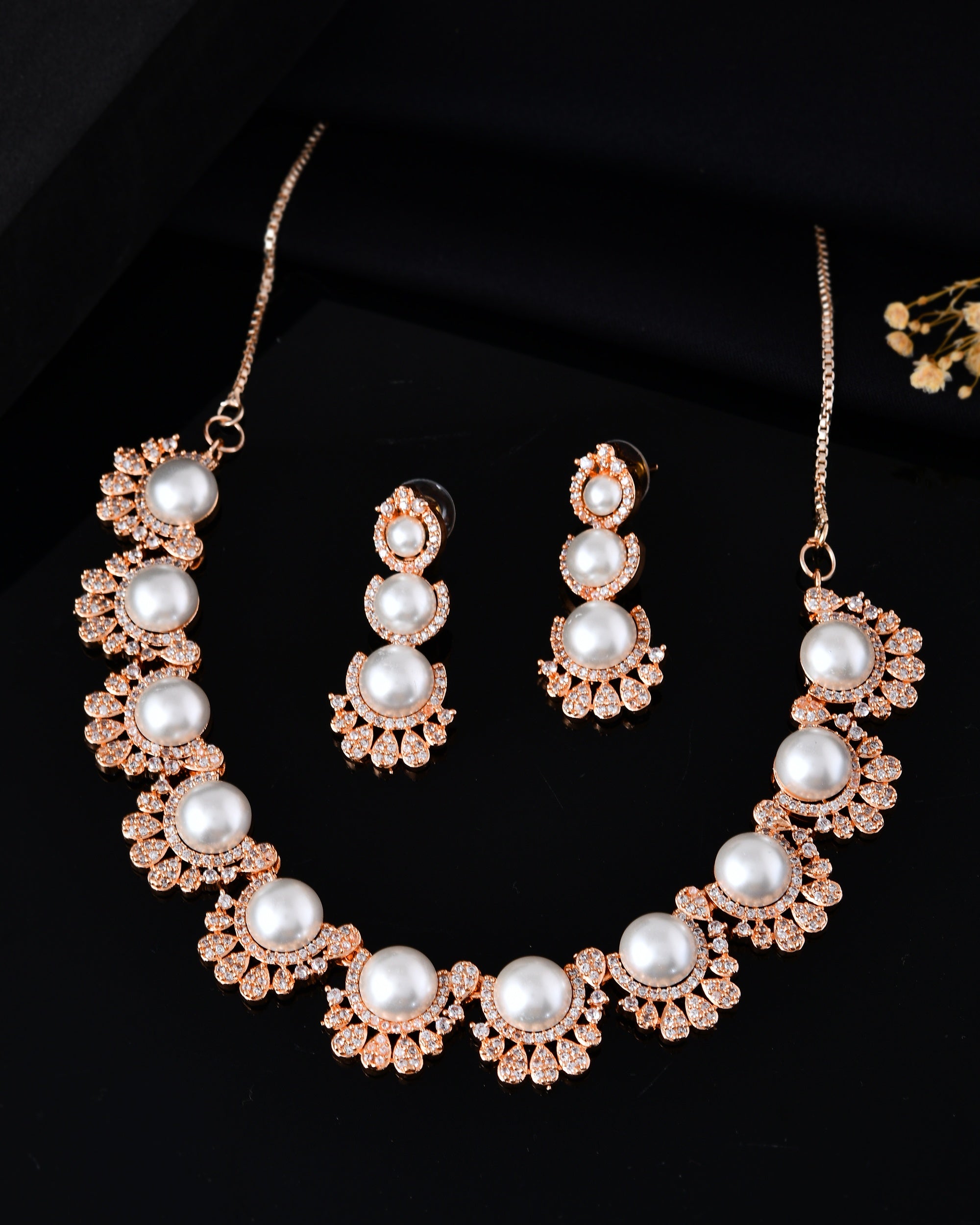 VOJ Rose-Gold Polished AD And Pearl Studded Jewellery Set