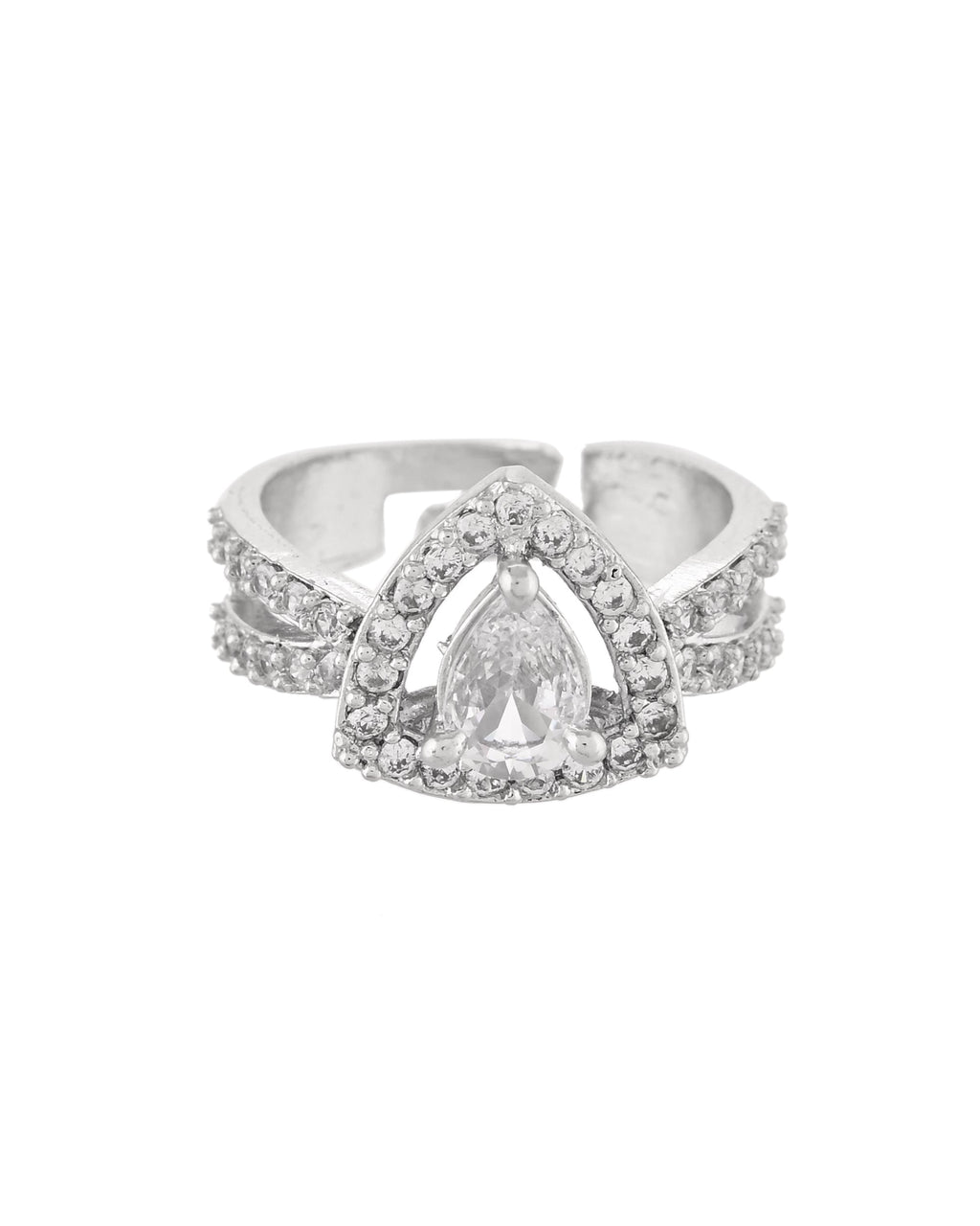 VOJ Silver-Plated AD-Stone-Studded Adjustable Finger Ring