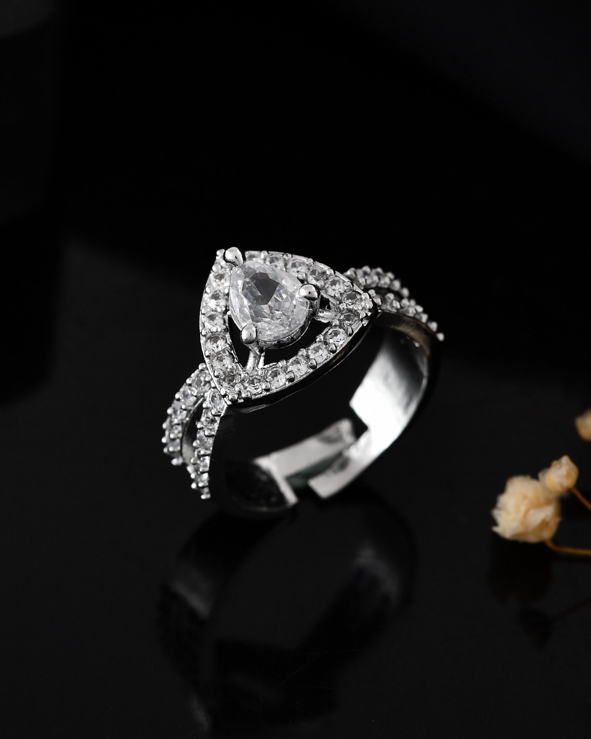 VOJ Silver-Plated AD-Stone-Studded Adjustable Finger Ring