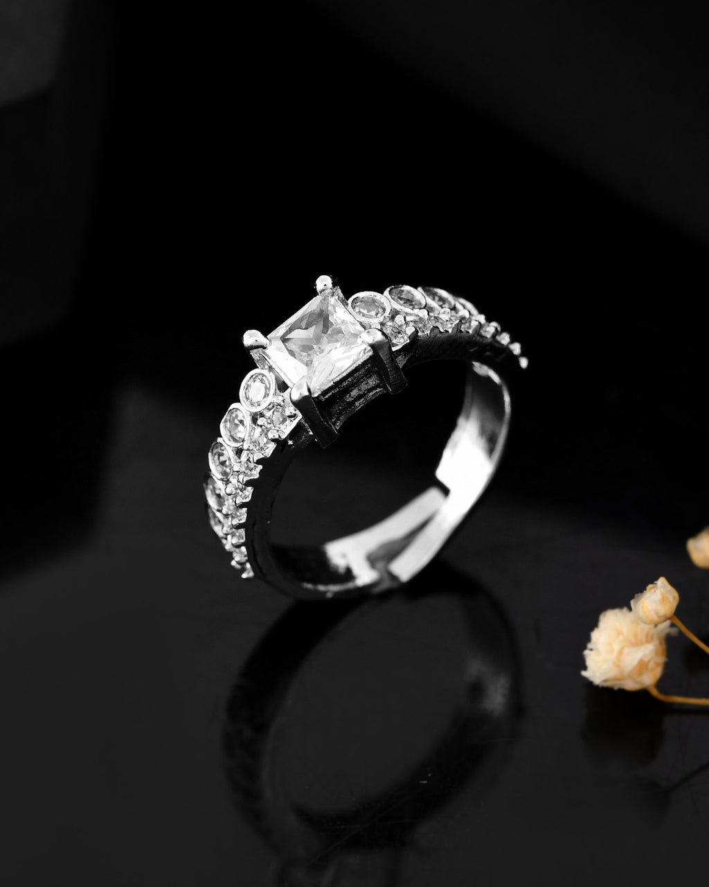 VOJ Silver Plated Cubic Zirconia Studded Finger Ring