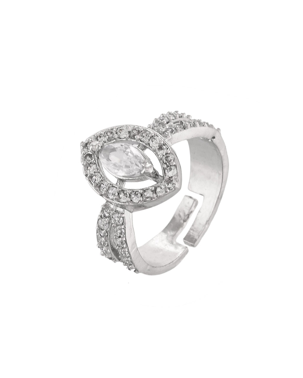 VOJ Silver-Plated Cubic Zirconia Studded Adjustable Finger Ring