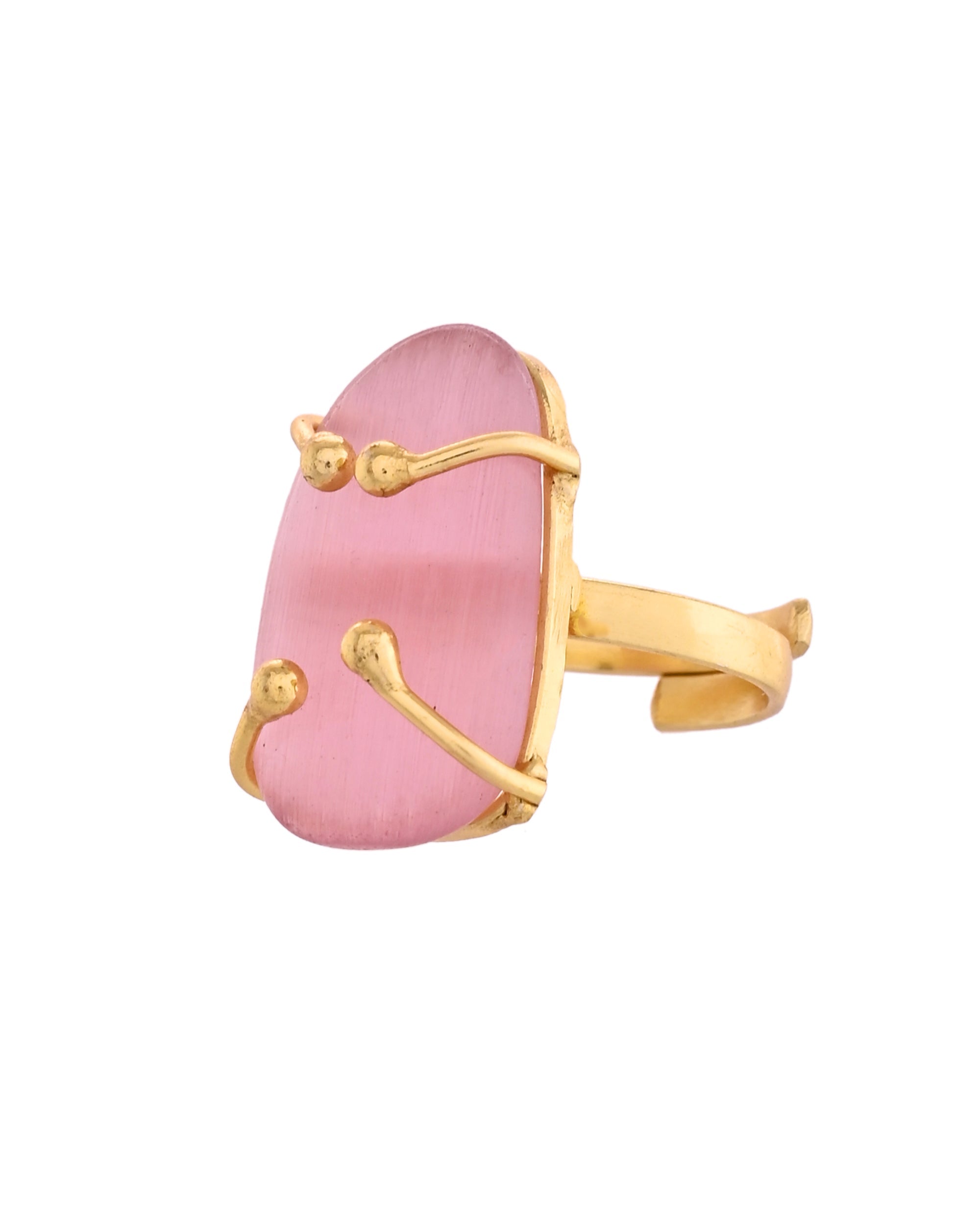 VOJ Stainless Steel Gold Polished Stone-Studded Adjustable Finger Ring