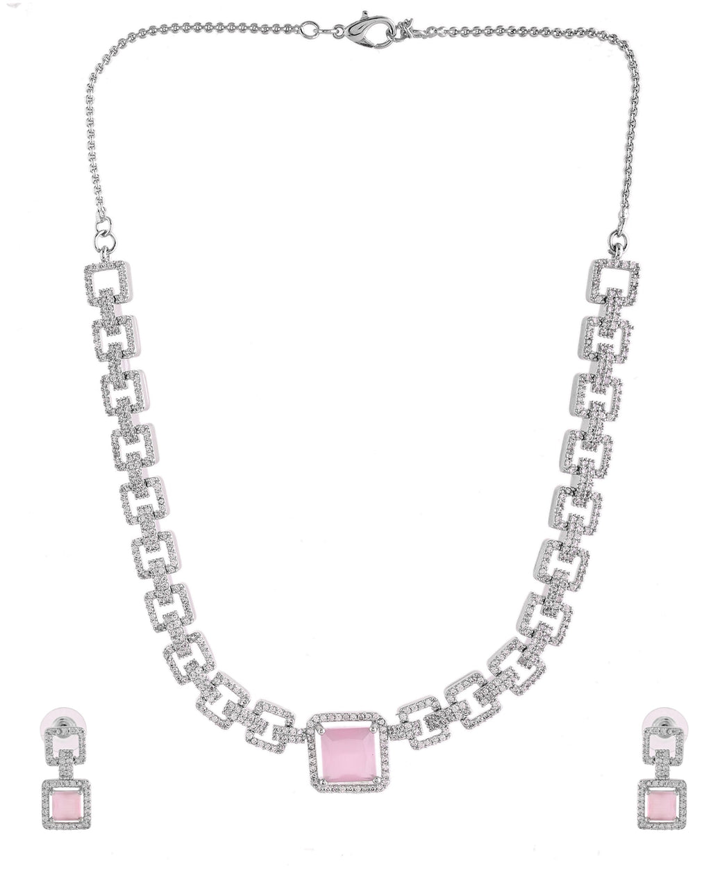 VOJ Silver Plated AD-Stone Studded Square Shaped Jewellery Set