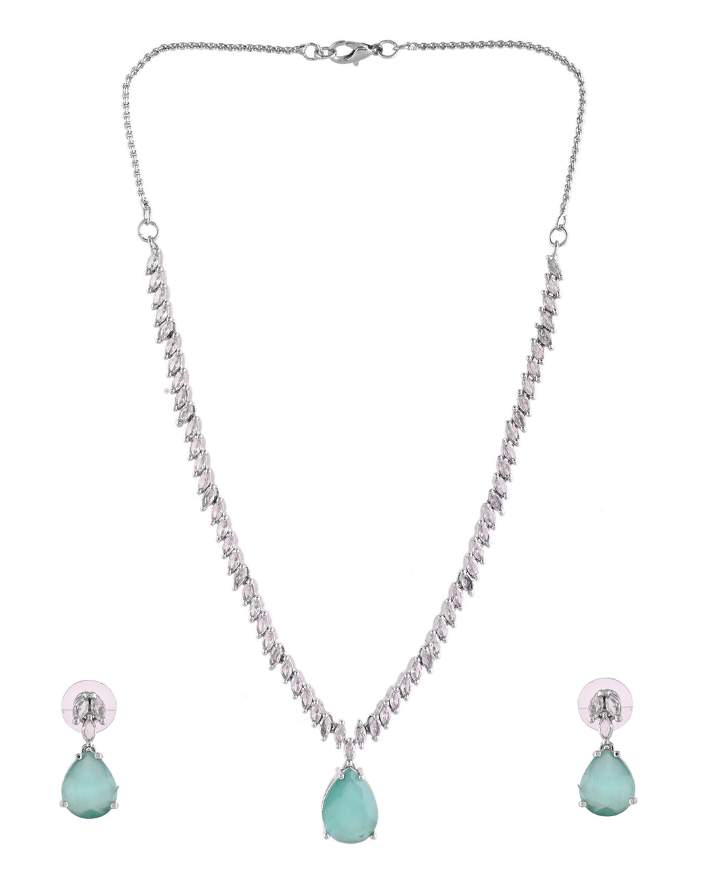 VOJ Silver Plated Sea Green Stone Studded Necklace Set