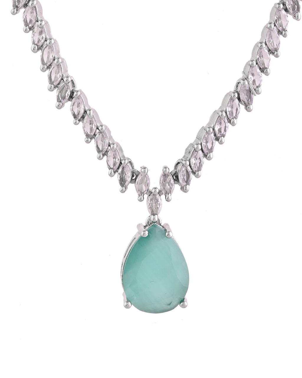 VOJ Silver Plated Sea Green Stone Studded Necklace Set