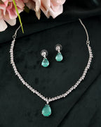 VOJ Silver Plated Sea Green Stone Studded Necklace Set