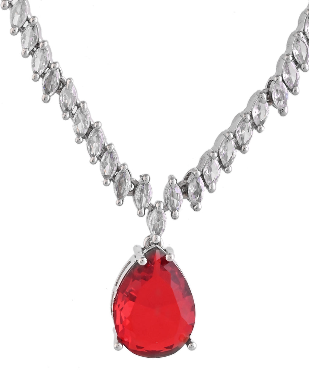VOJ Silver Plated Red Stone Studded Necklace Set