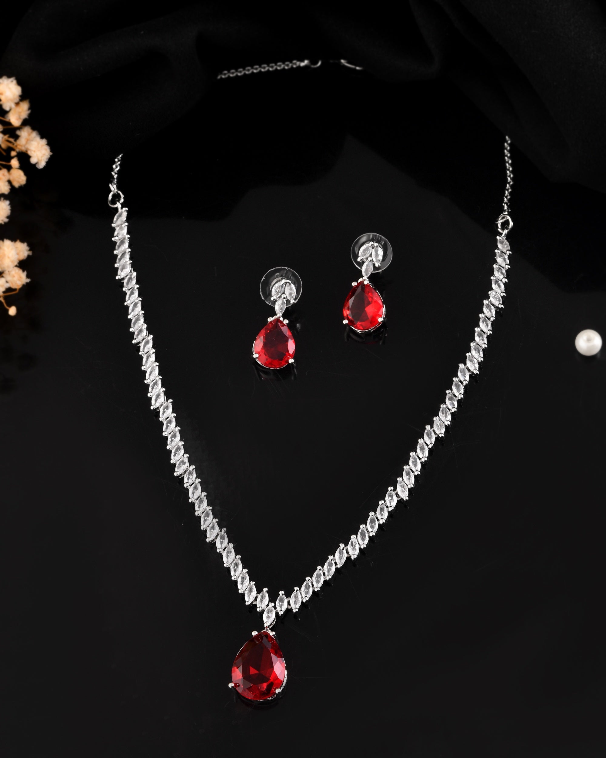 VOJ Silver Plated Red Stone Studded Necklace Set