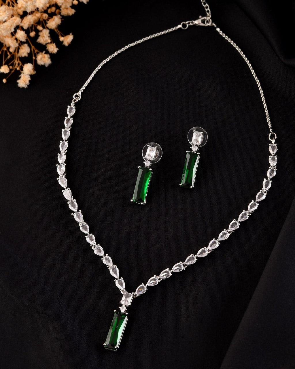 VOJ Silver Plated Green Stone Studded Necklace Set