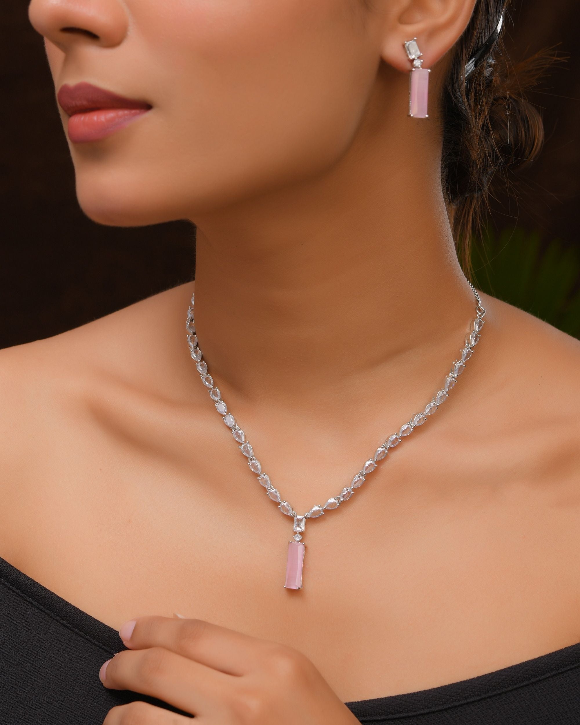 VOJ Silver Plated Baby Pink Stone Studded Necklace Set