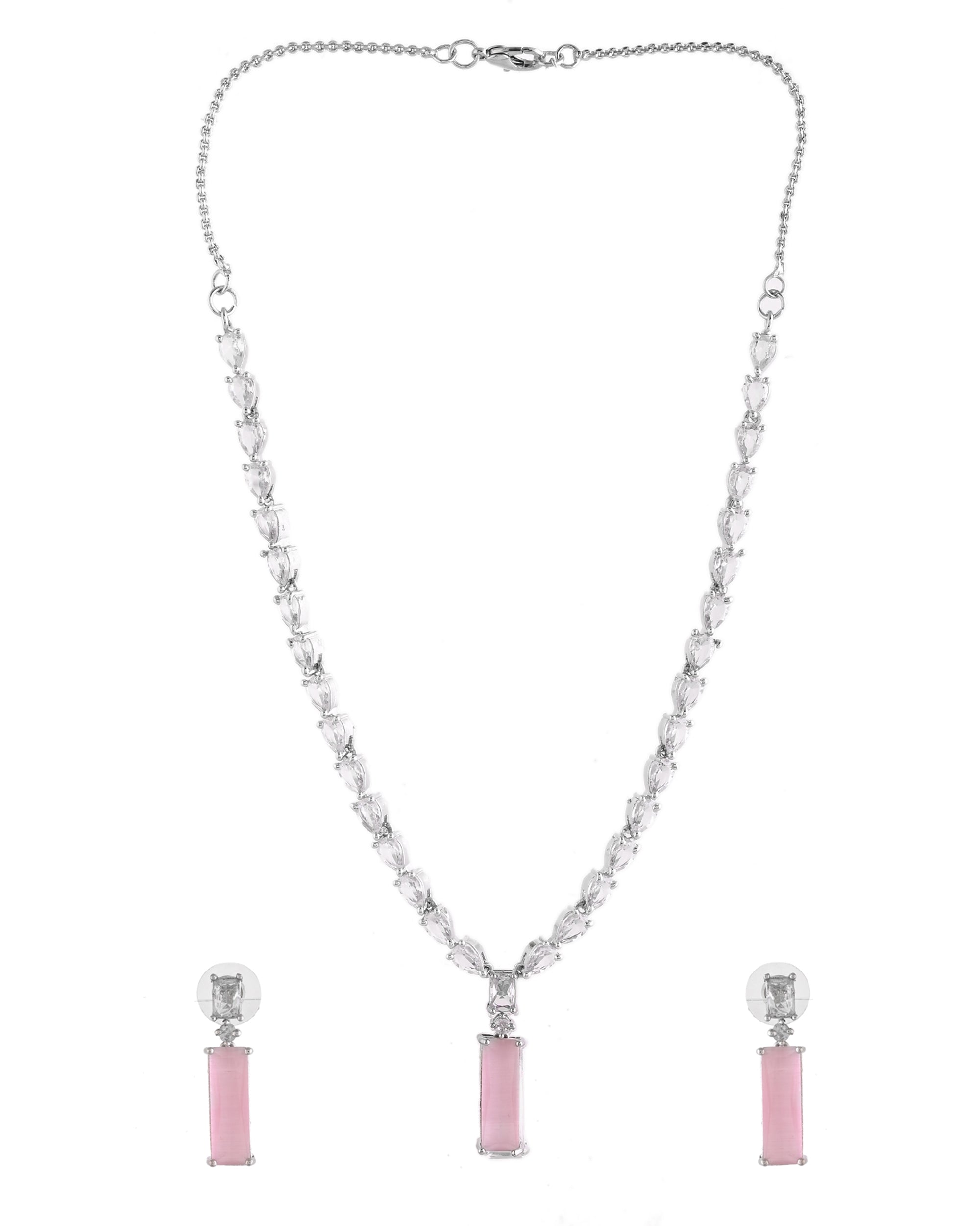 VOJ Silver Plated Baby Pink Stone Studded Necklace Set