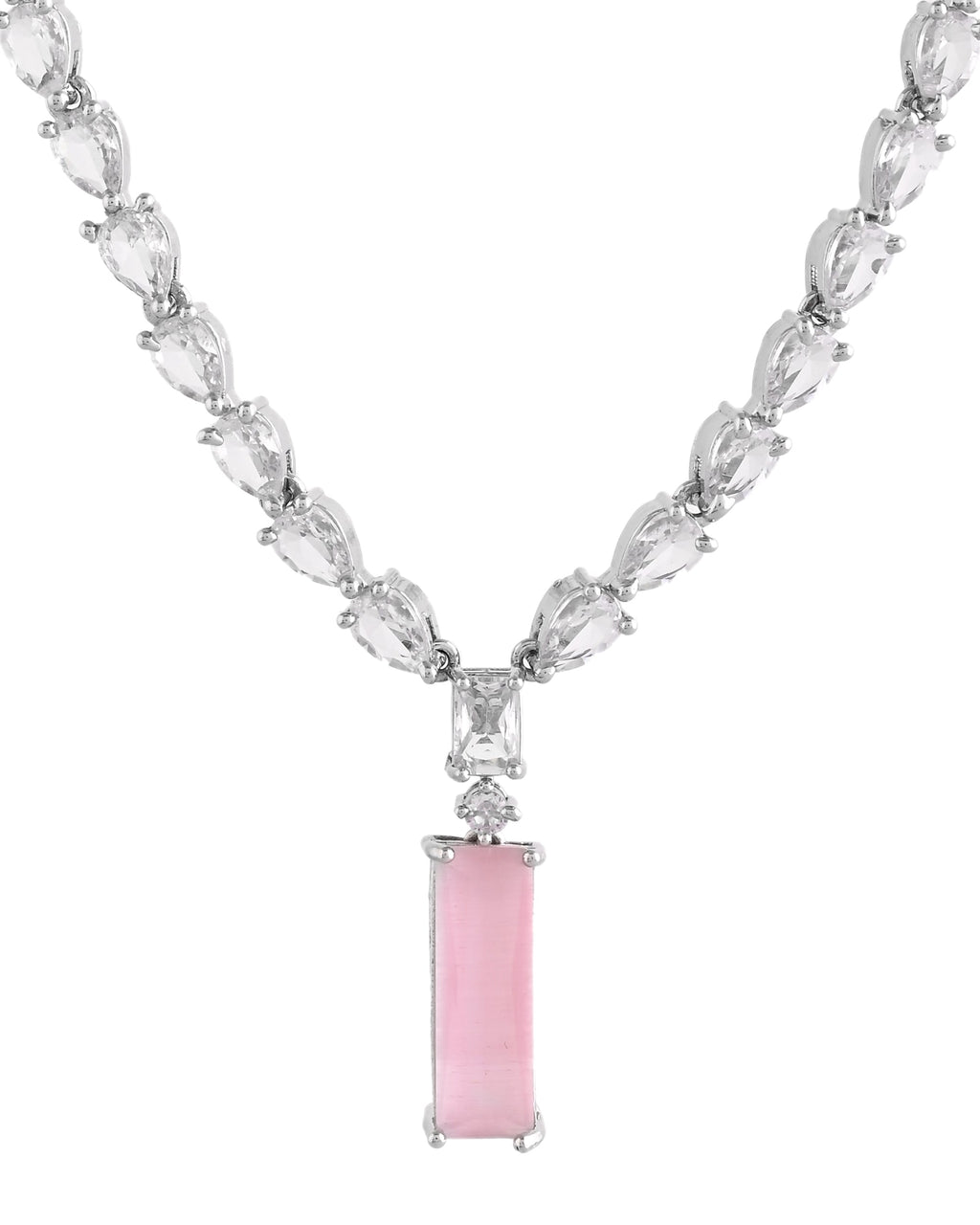 VOJ Silver Plated Baby Pink Stone Studded Necklace Set