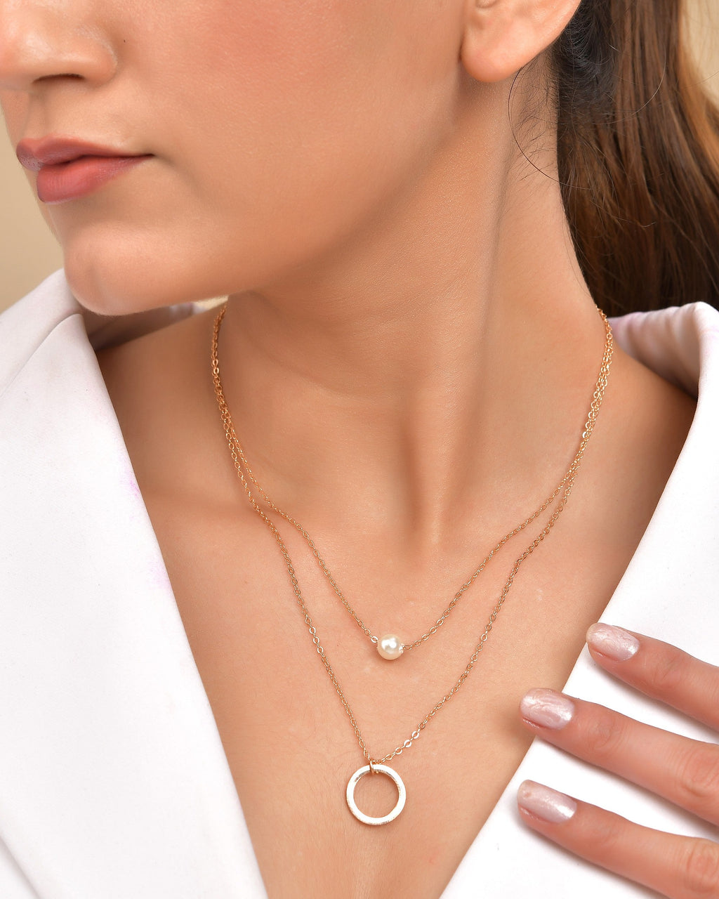 VOJ Gold Polished Multi Layer Pearl Studded Designer Chain - Distacart