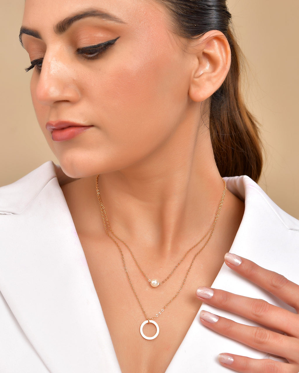 VOJ Gold Polished Multi Layer Pearl Studded Designer Chain - Distacart