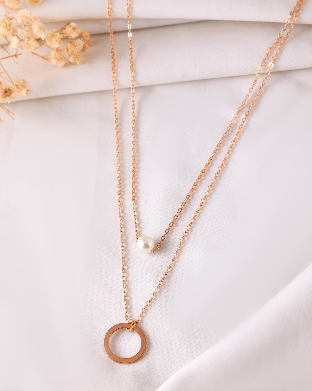 VOJ Gold Polished Multi Layer Pearl Studded Designer Chain - Distacart
