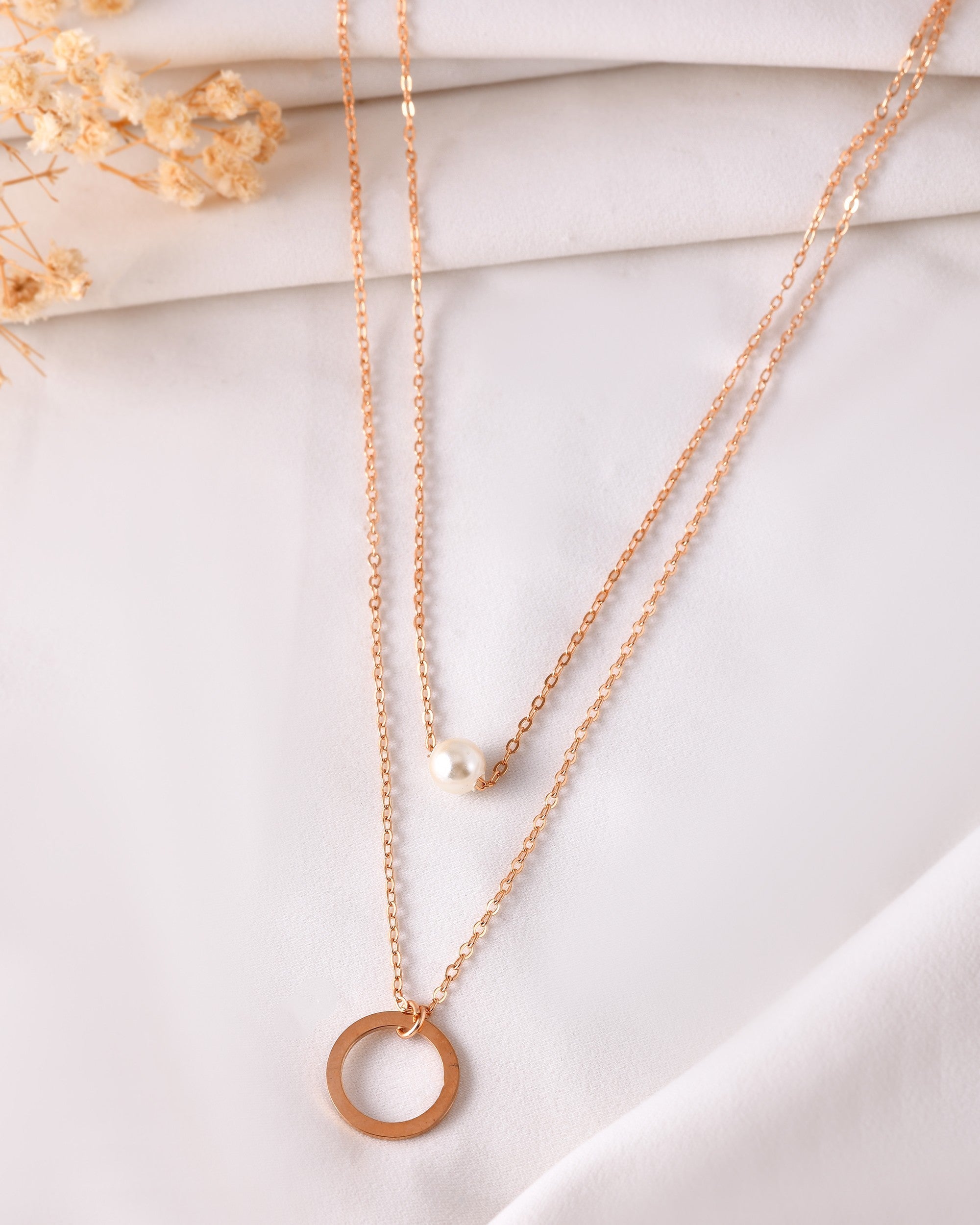 VOJ Gold Polished Multi Layer Pearl Studded Designer Chain - Distacart