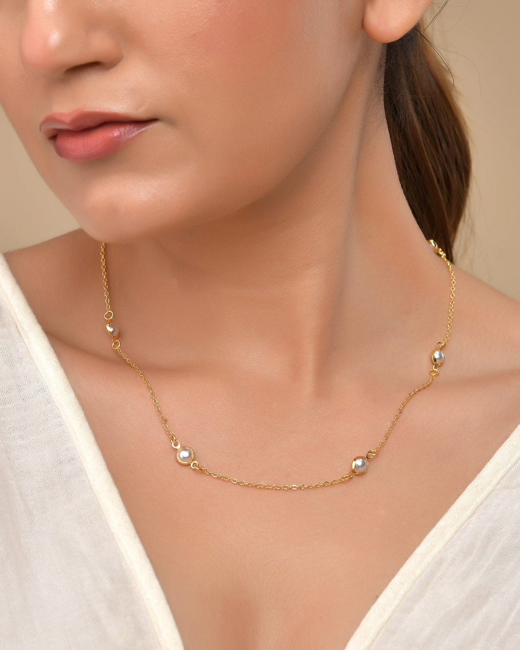 VOJ Gold Polished Women Pearl Studded Stainless Steel Chain - Distacart