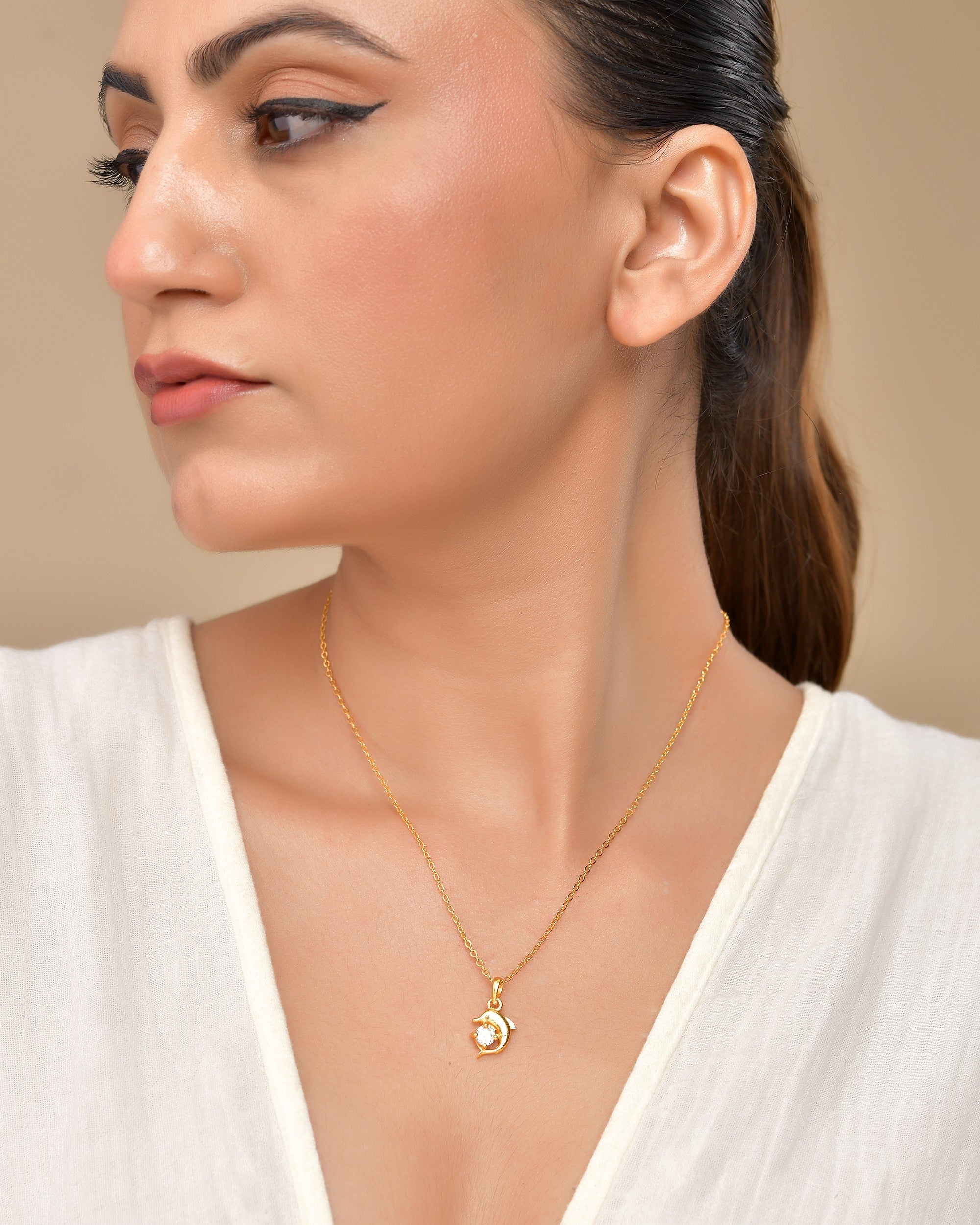 VOJ Gold Polished Chain With Fish Shaped Stone Studded Pendant - Distacart