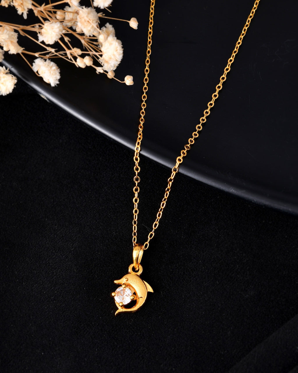 VOJ Gold Polished Chain With Fish Shaped Stone Studded Pendant - Distacart