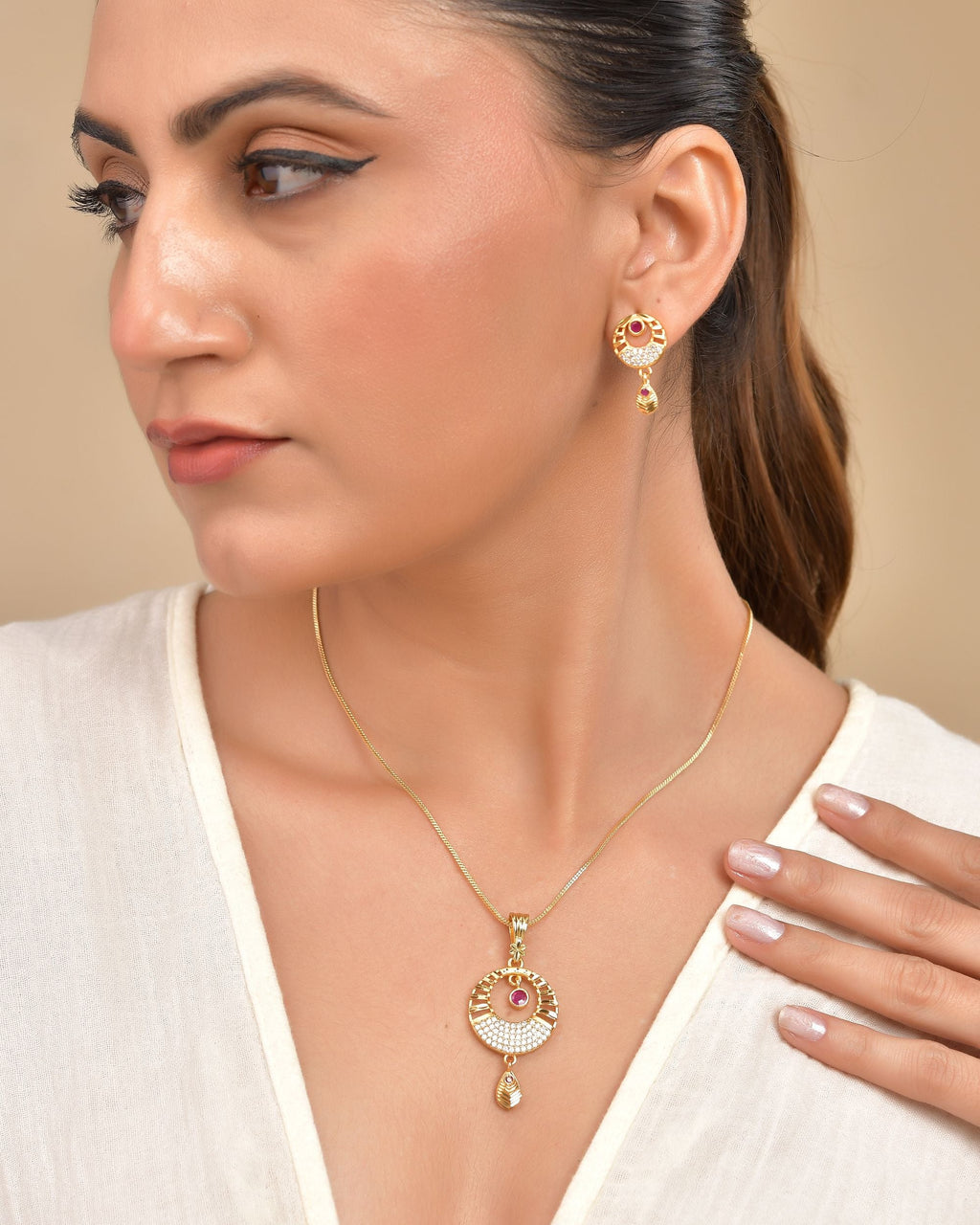 VOJ Gold Polished Circular Pendant With Chain And Earrings Set - Distacart