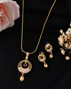 VOJ Gold Polished Circular Pendant With Chain And Earrings Set - Distacart