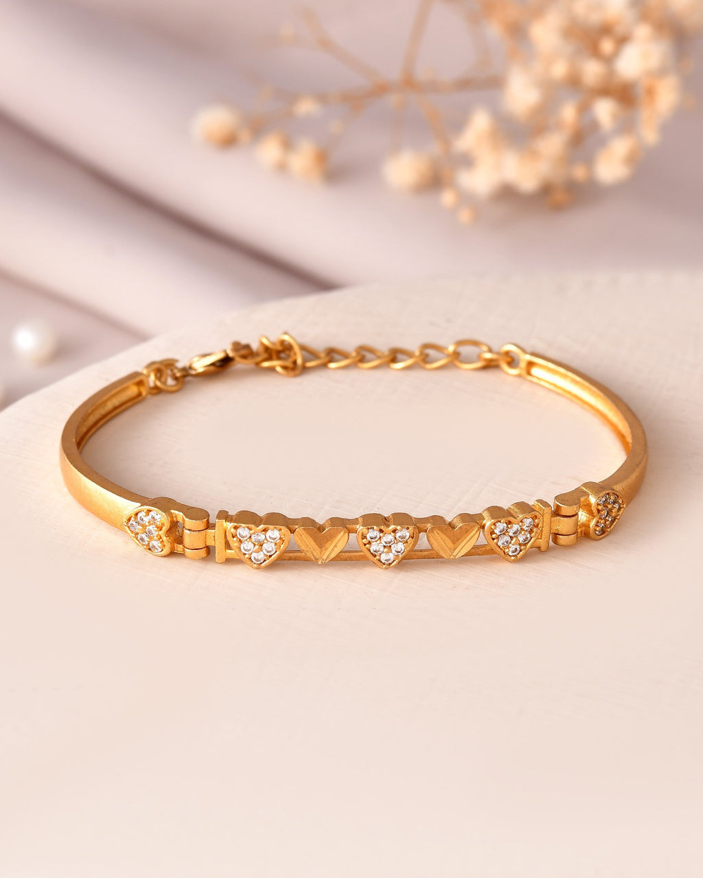 VOJ Women Gold Polished Heart Shaped Stone Studded Link Bracelet - Distacart