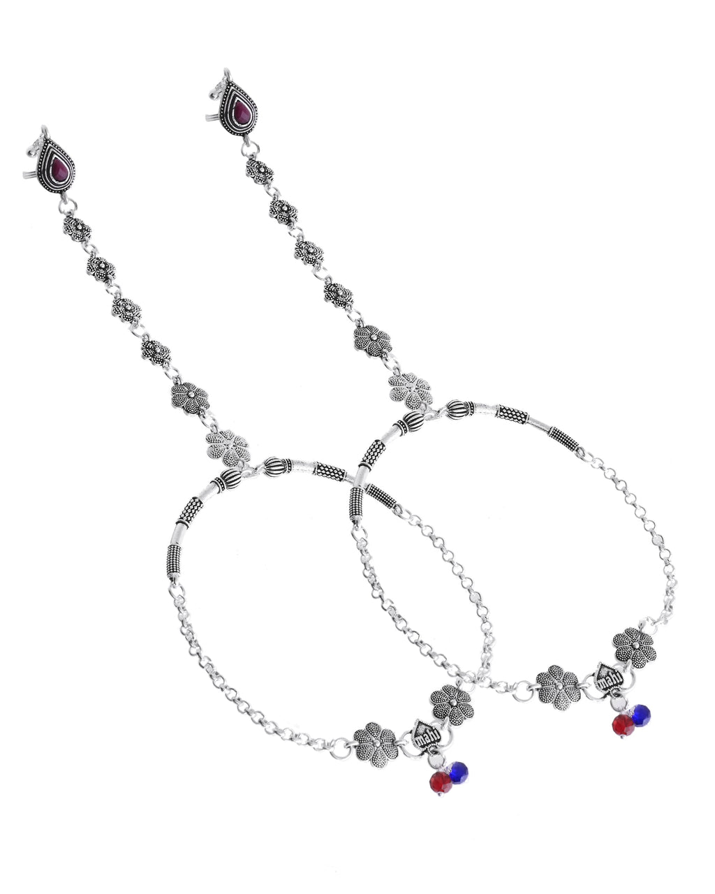 VOJ Set Of 2 Silver-Plated Stainless Steel Floral Shape Anklet With Toe Ring