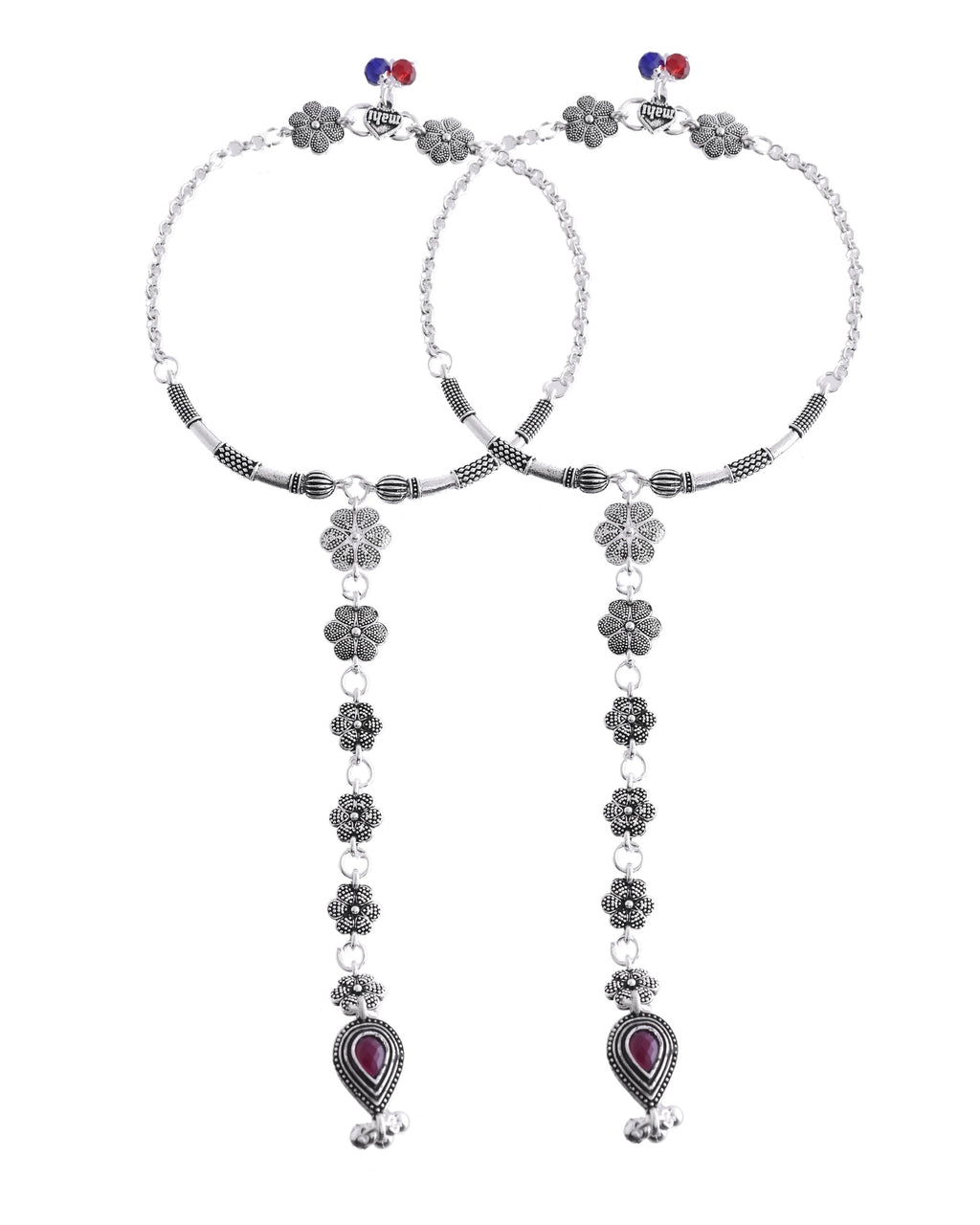 VOJ Set Of 2 Silver-Plated Stainless Steel Floral Shape Anklet With Toe Ring