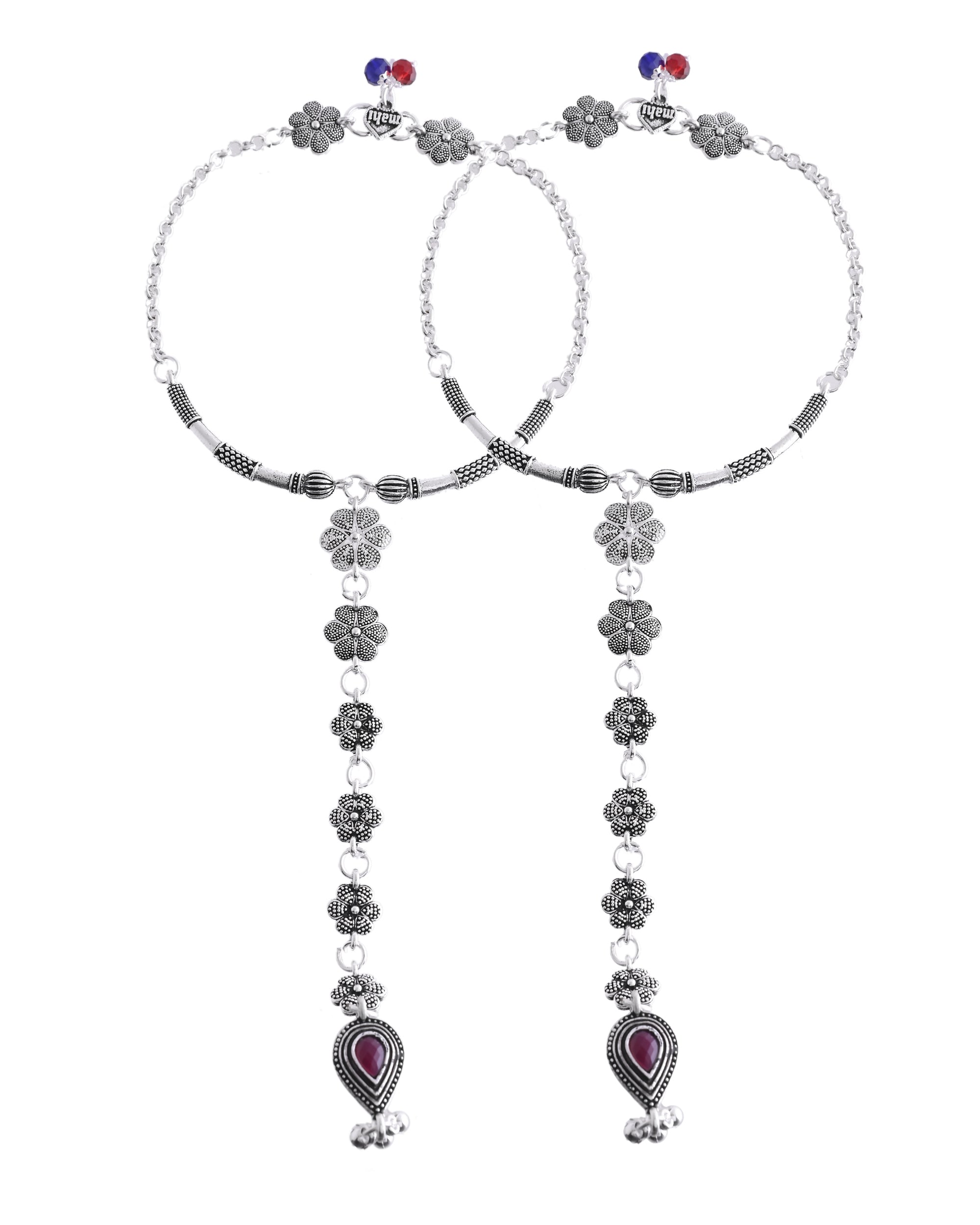 VOJ Set Of 2 Silver-Plated Stainless Steel Floral Shape Anklet With Toe Ring