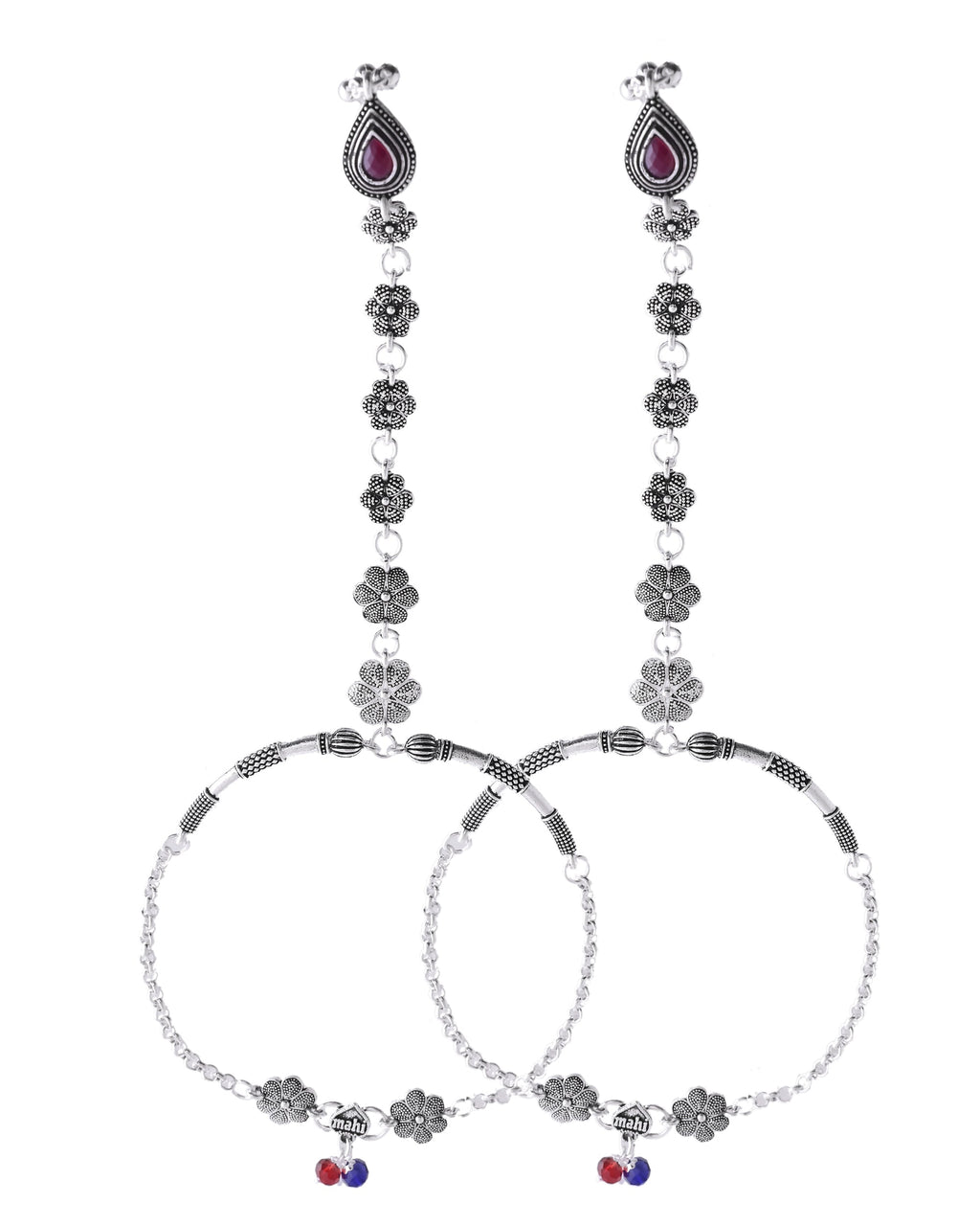 VOJ Set Of 2 Silver-Plated Stainless Steel Floral Shape Anklet With Toe Ring