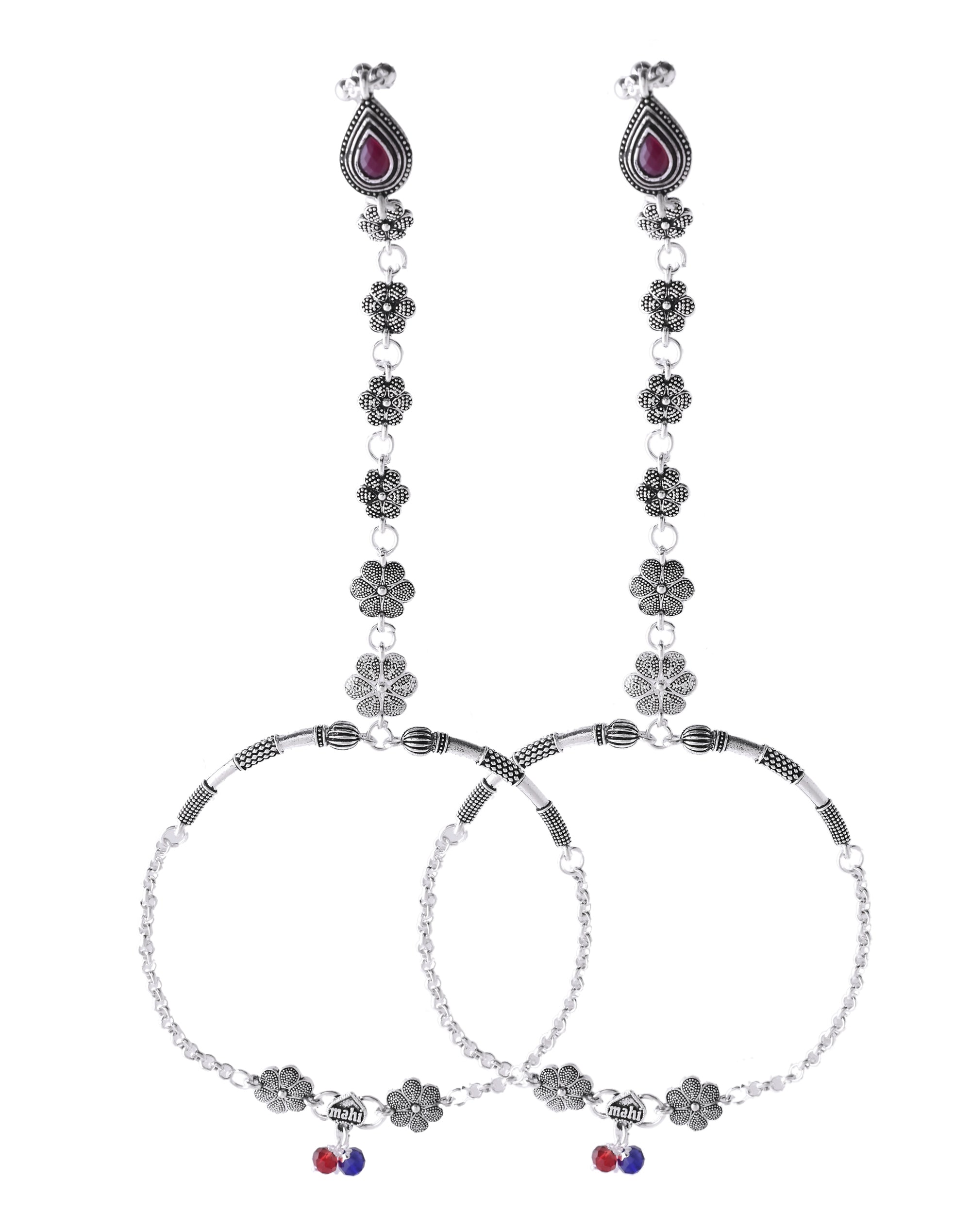 VOJ Set Of 2 Silver-Plated Stainless Steel Floral Shape Anklet With Toe Ring
