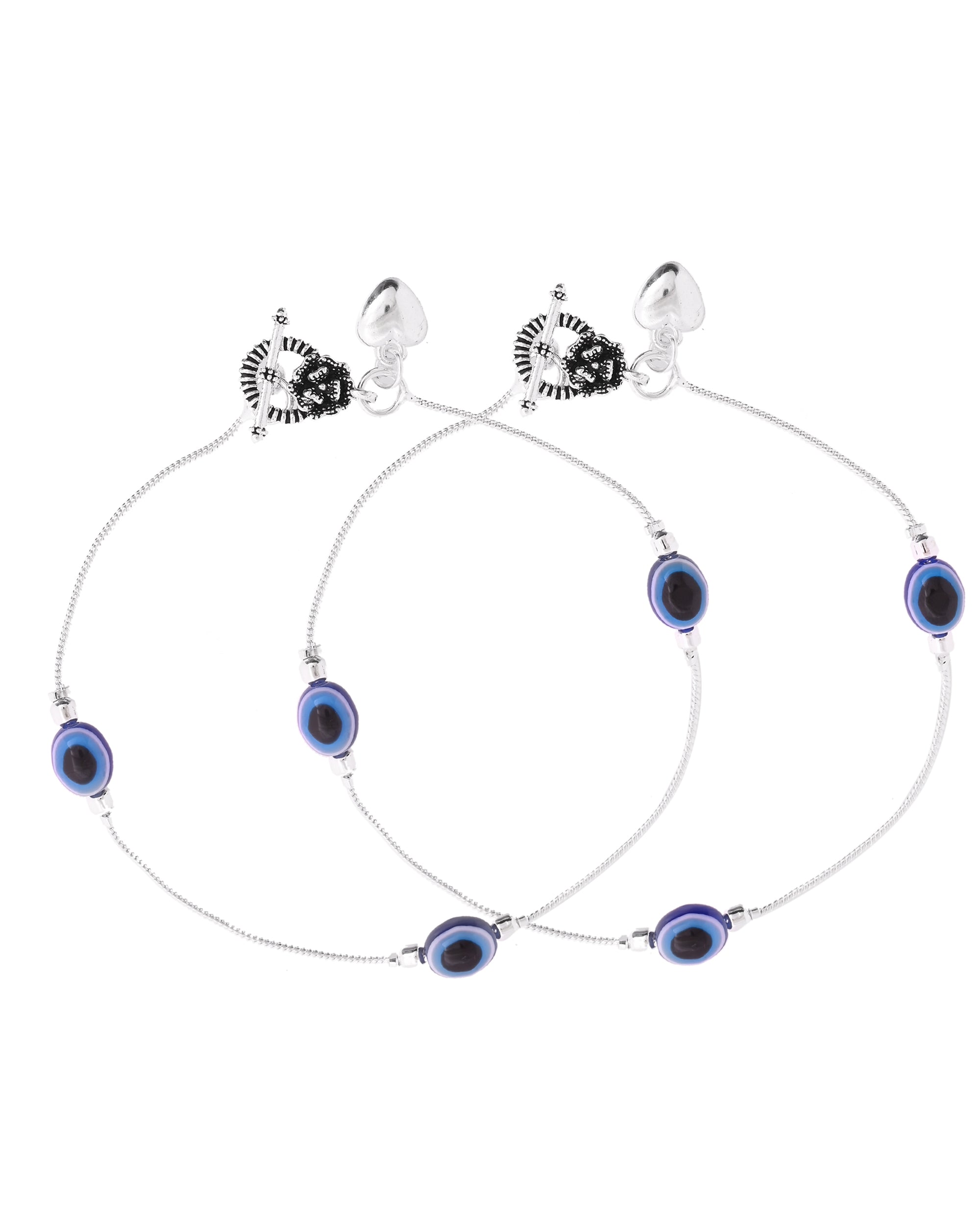 VOJ Set Of 2 Silver-Plated Stainless Steel Evil Eye Studded Anklet - Distacart