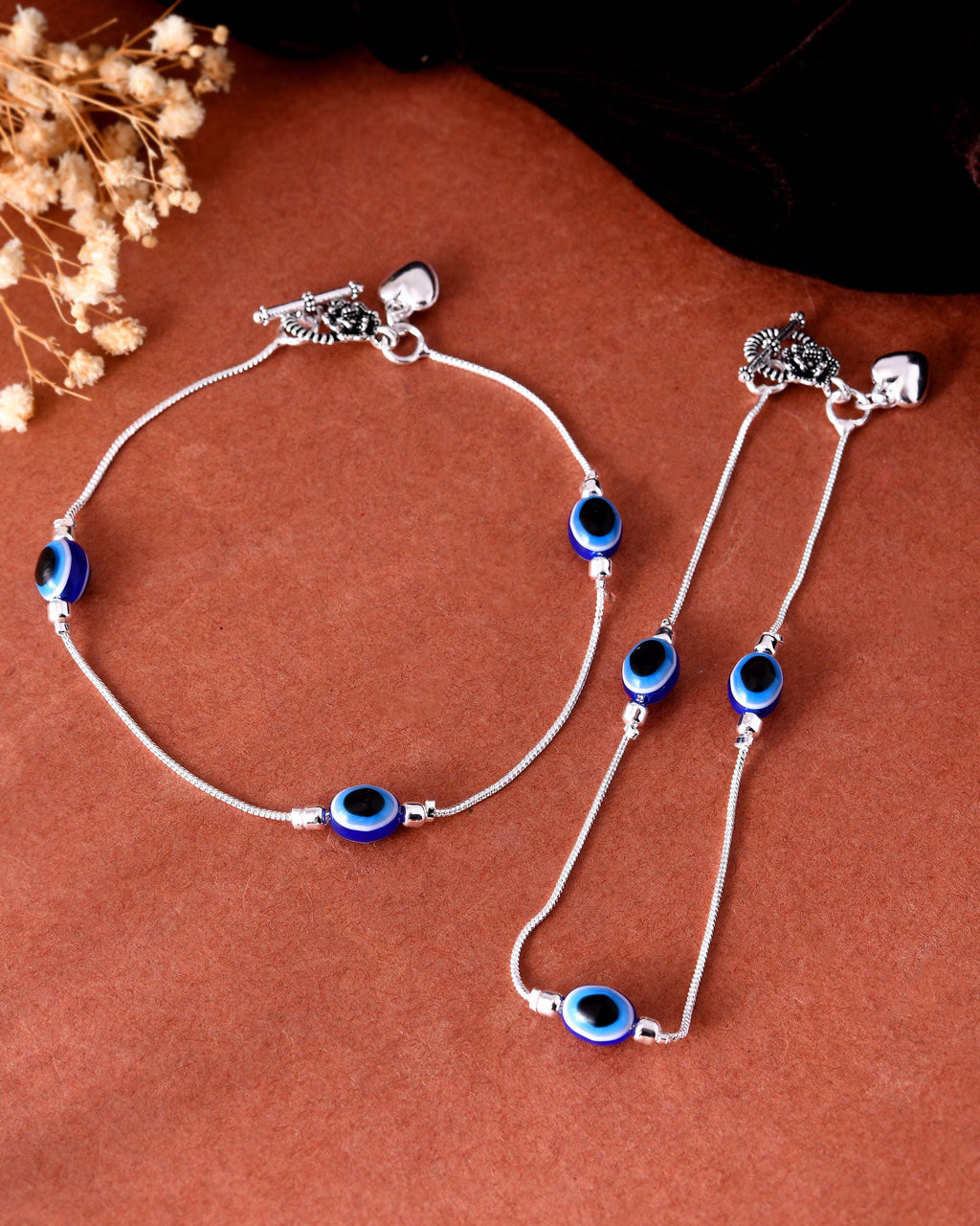 VOJ Set Of 2 Silver-Plated Stainless Steel Evil Eye Studded Anklet - Distacart