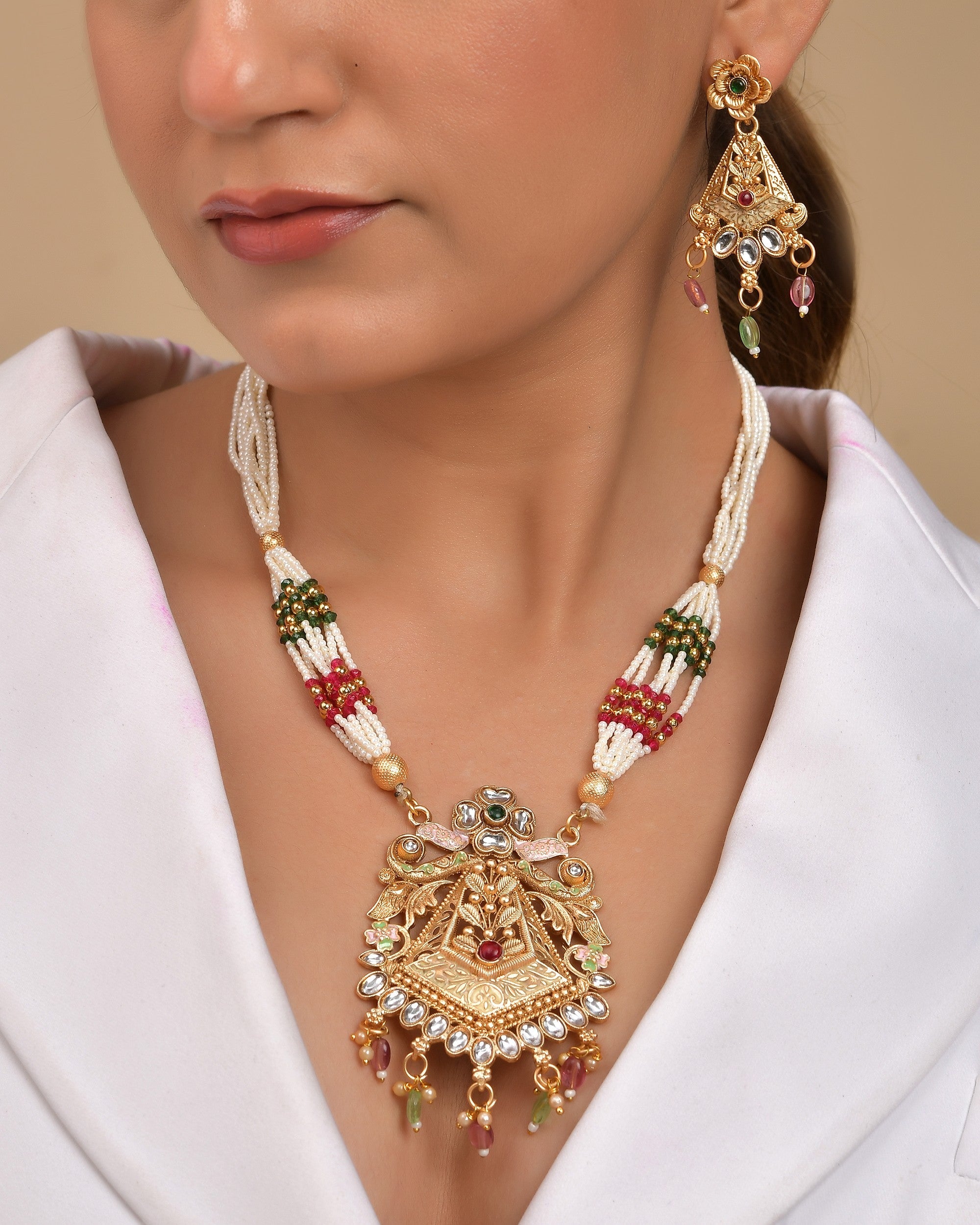 VOJ Gold Polished Designer Long Necklace With Earrings Set