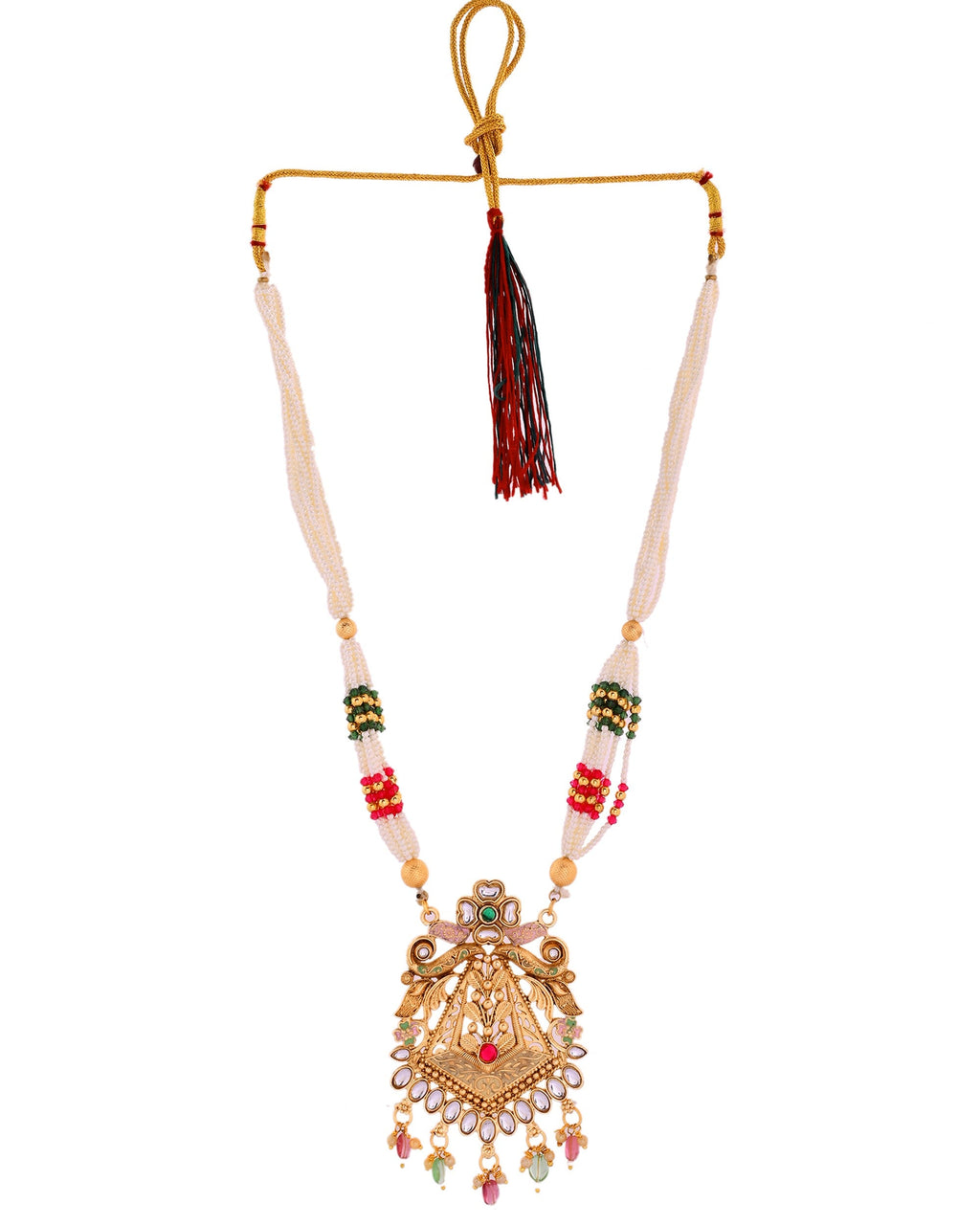 VOJ Gold Polished Designer Long Necklace With Earrings Set